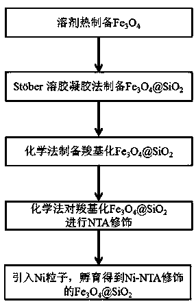 Preparation method and application of Ni-NTA modified silicon dioxide coated ferroferric oxide magnetic nano functional assembly