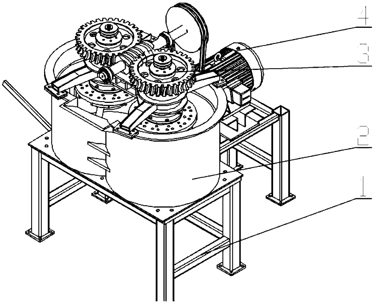 Integrated barrel type vertical-shaft stirring machine adopting dual-wormwheel and single-worm transmission