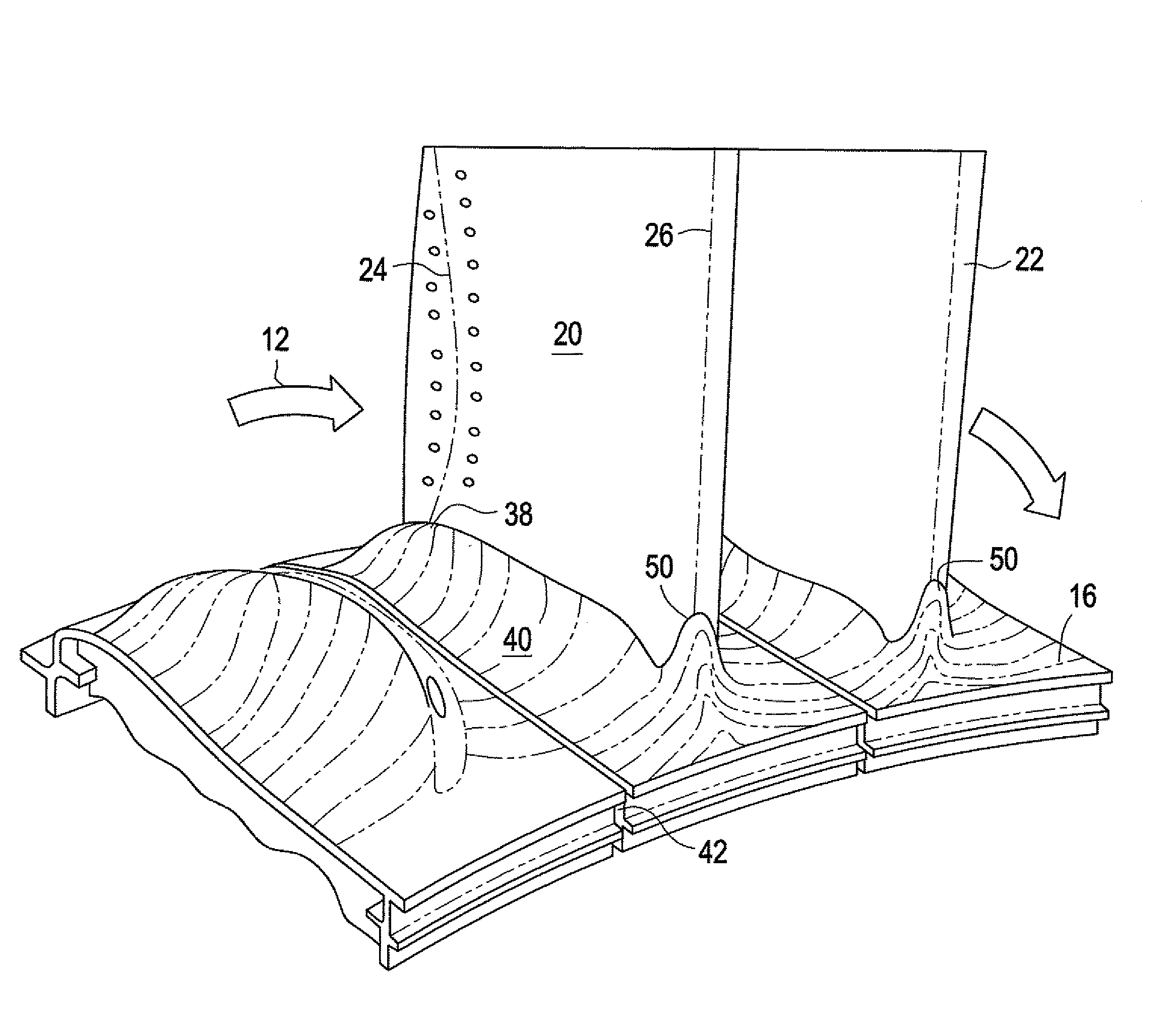 Scalloped surface turbine stage with trailing edge ridges
