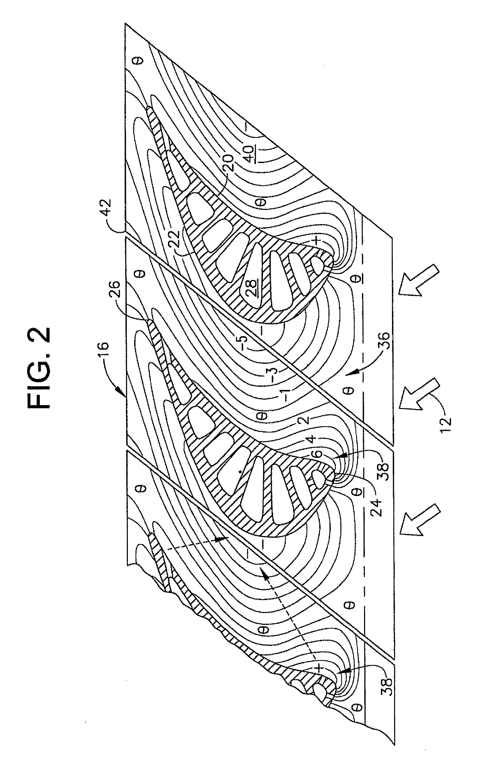 Scalloped surface turbine stage with trailing edge ridges