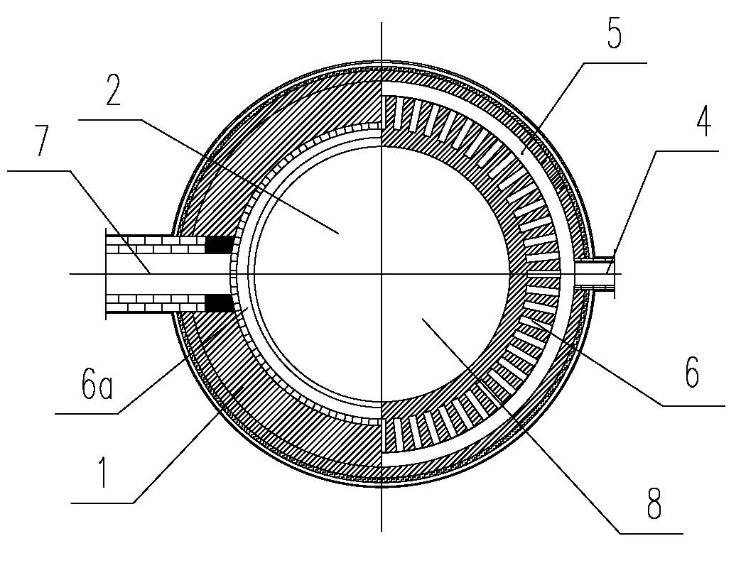 Combustion device for preheating and combusting sprayed-up backflow on nozzle with uniform mixing and distribution of coal gas and air