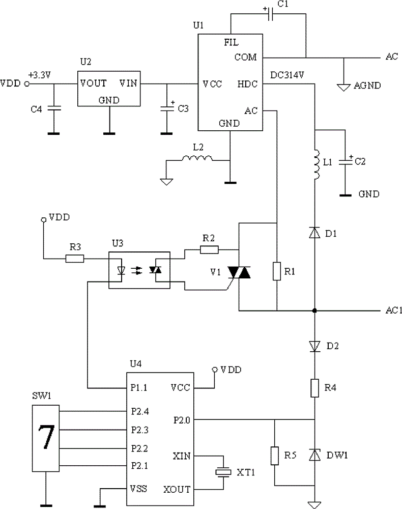 Low-harmonic dimming method of wall-controlled LED lamp