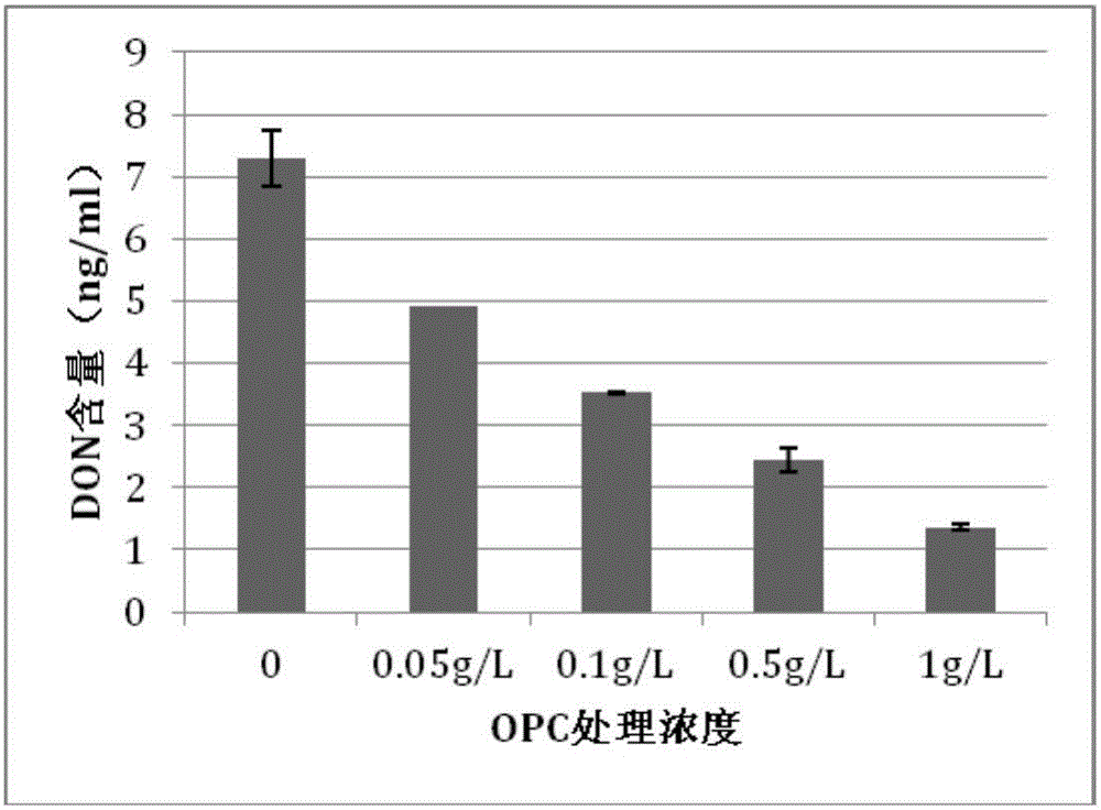 Method of inhibiting fusarium to generate deoxynivalenol toxin by procyanidine and application of method