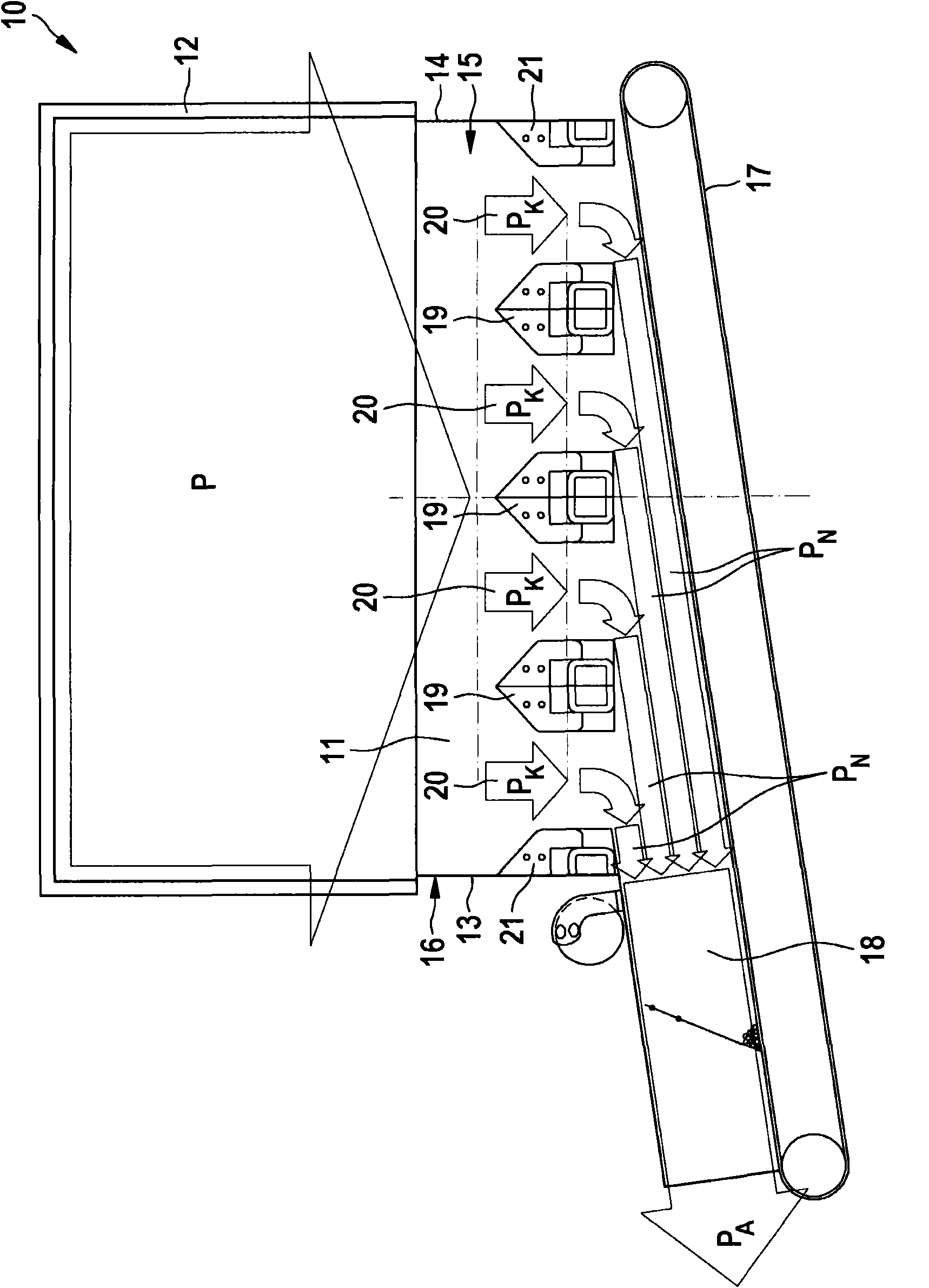 Emptying cartridge, method for emptying chamfers filled with rod-shaped objects and device for bringing together mass flows, in particular for an emptying cartridge