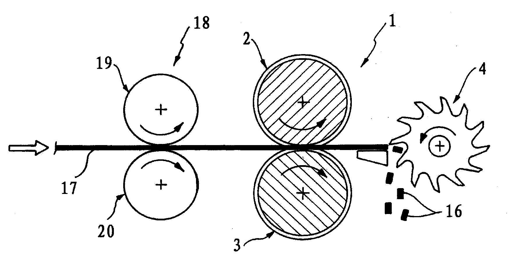 Comminution device for the production of particles from a strip-shaped material