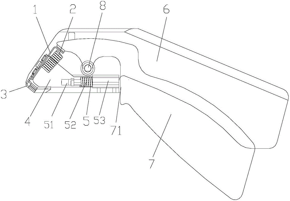 Skin stitching instrument with front-arranged nail bin plate