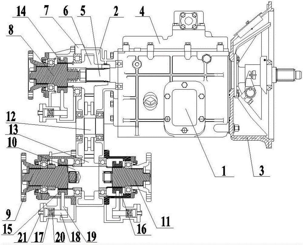 Multi-functional postpositional transfer case with three output shafts