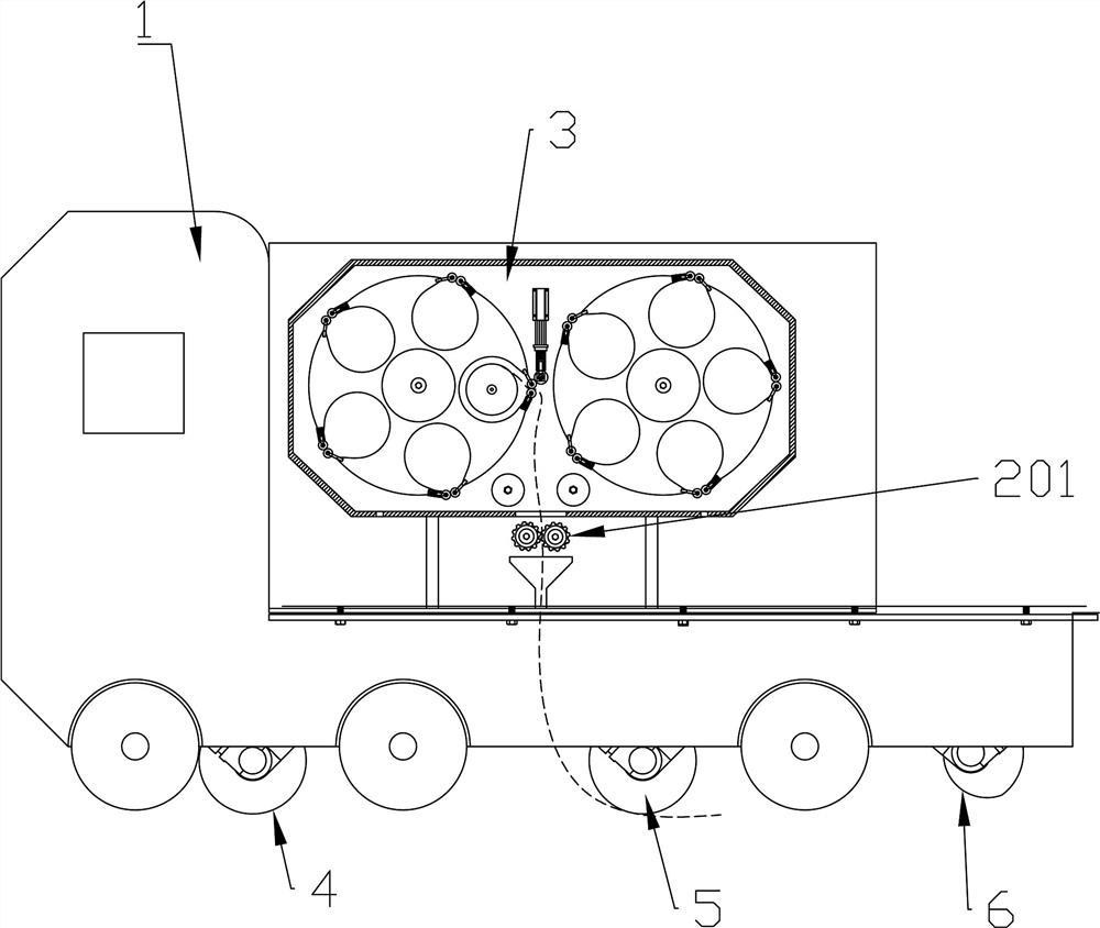 Continuous grass roll laying device for grass checkered sand barrier