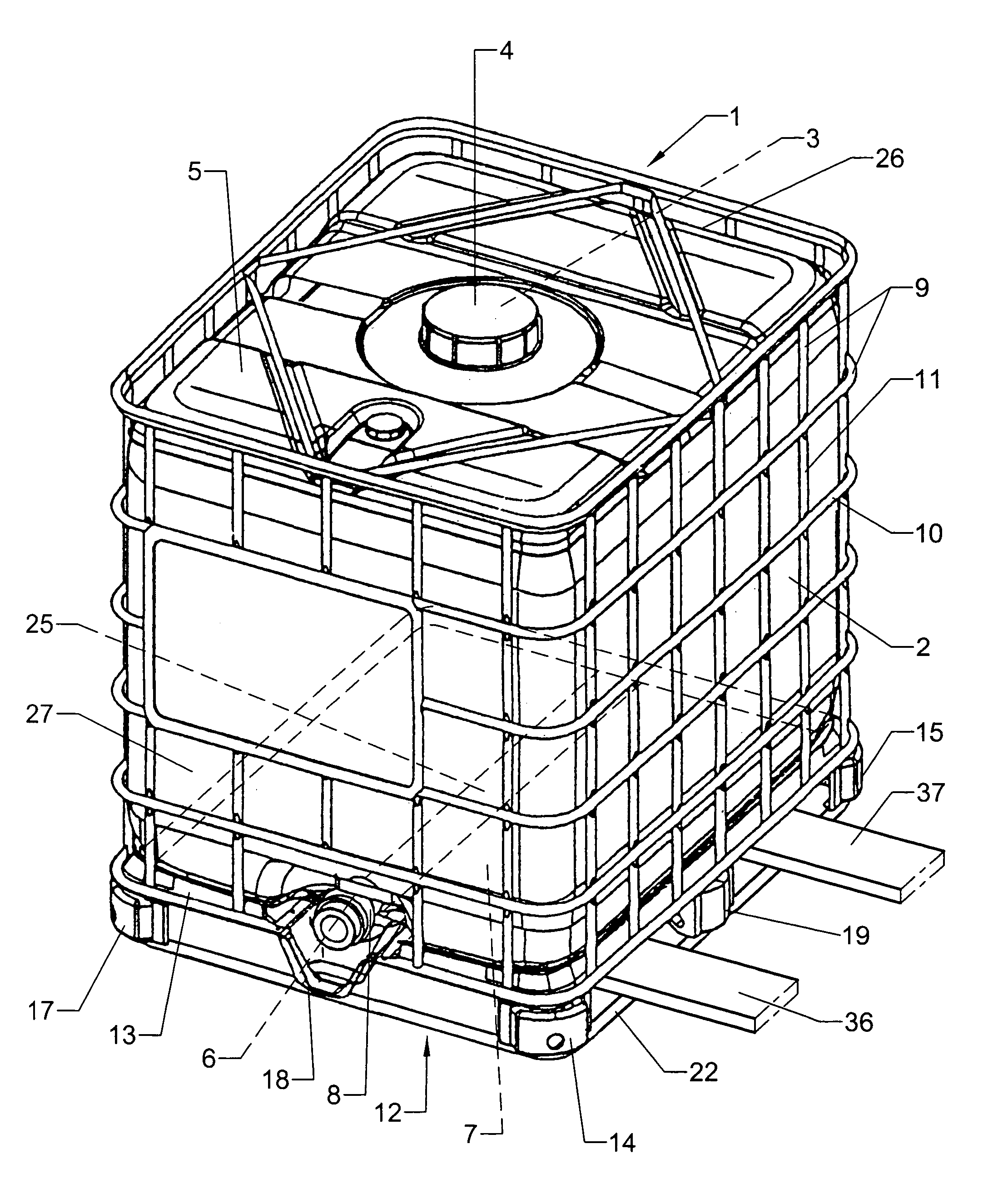 Pallet-type support frame for transport and storage containers for liquids