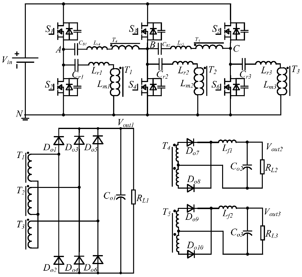 An isolated mixed modulation triple output dc-dc converter based on a three-phase llc resonant circuit and a phase-shifted full-bridge circuit