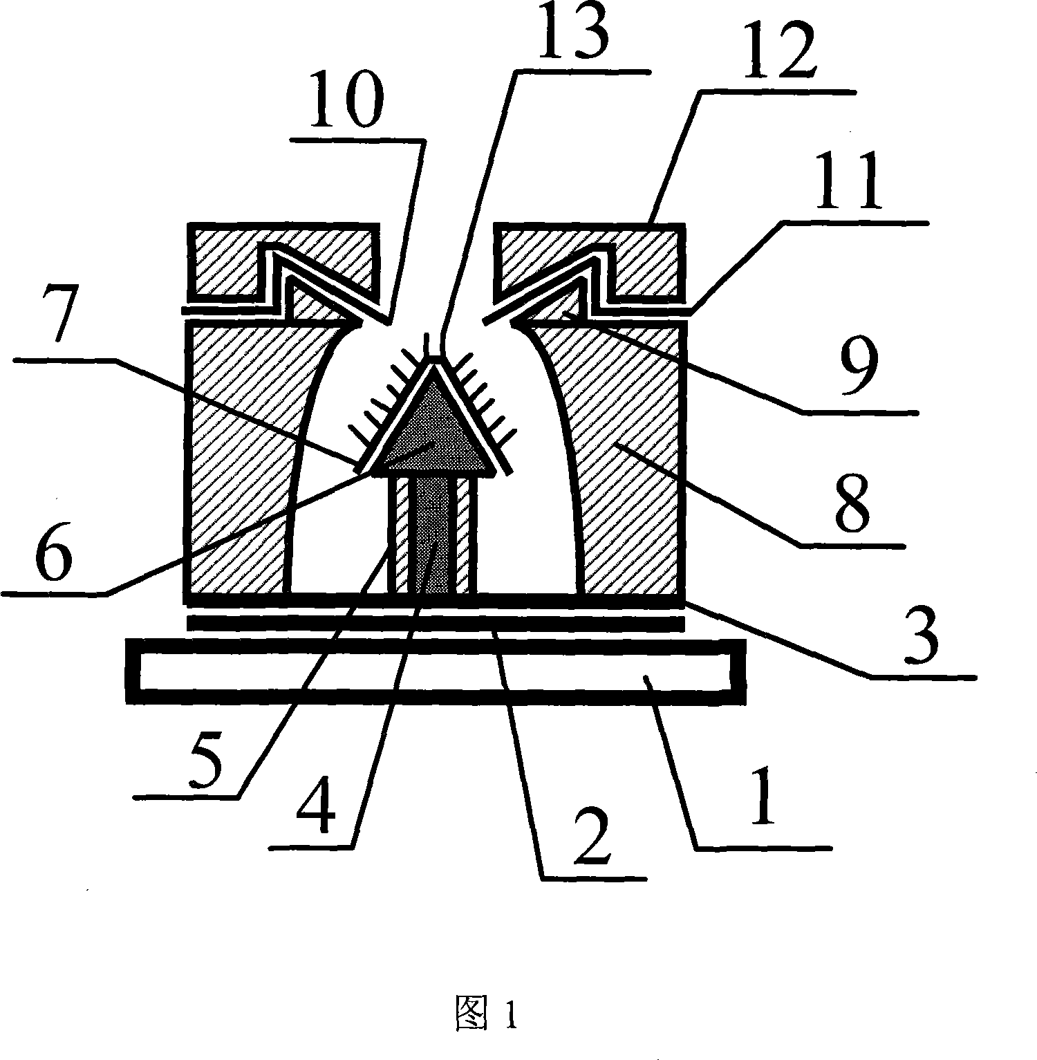 Planar display device with arrowhead-shaped grid controlled cathode structure and its production