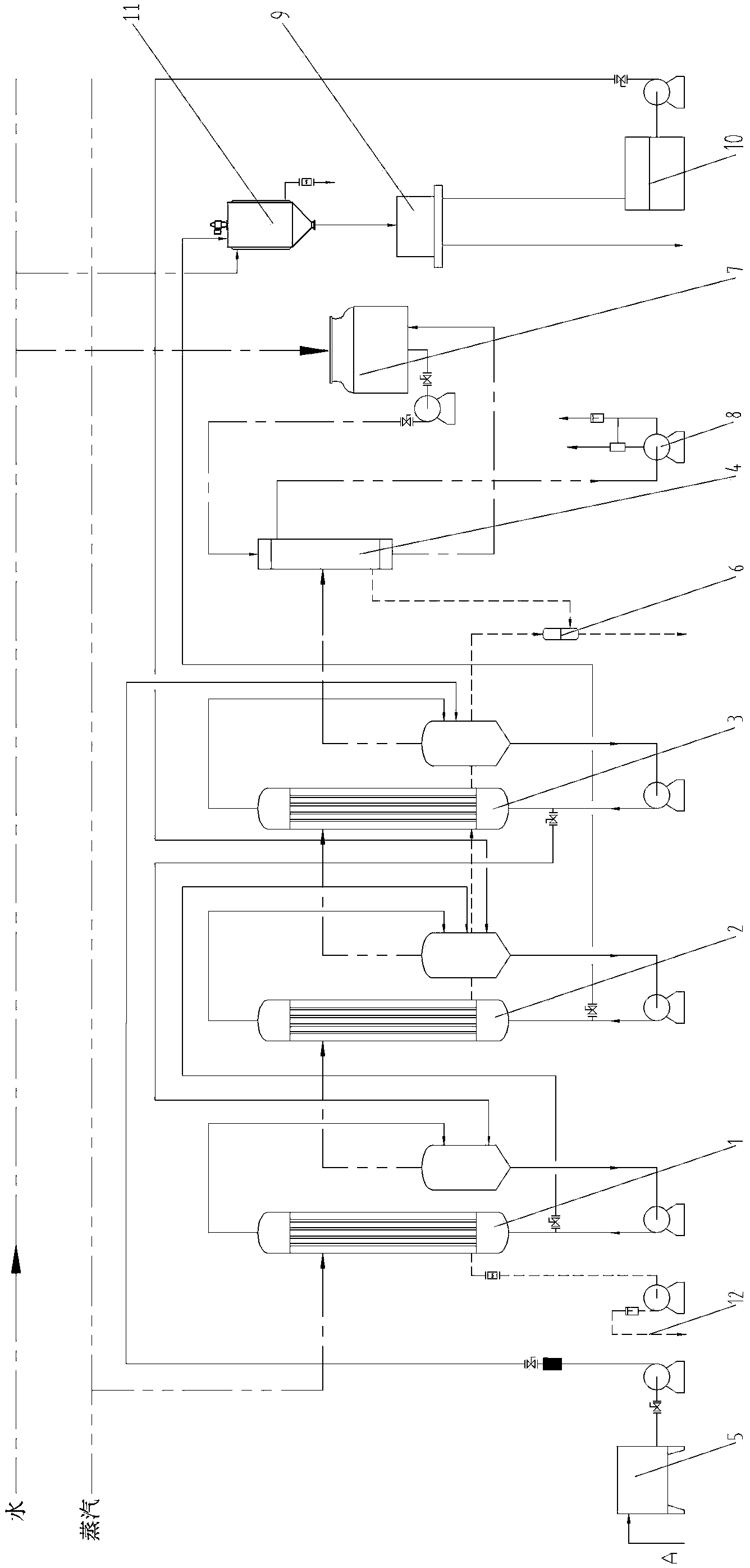 Multiple-effect evaporation system steam condensation water heat energy reutilizationoun device