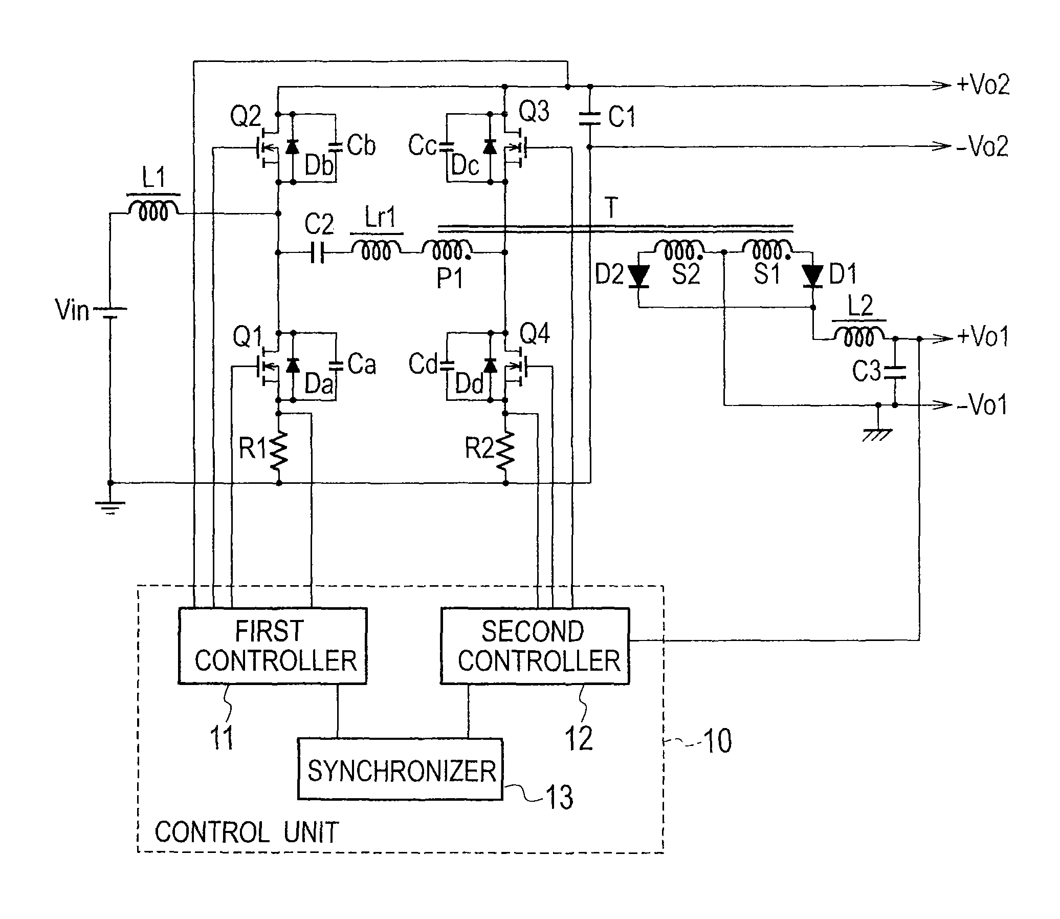 Inverter bridge switching power source utlizing a capacitor with transformer for multiple outputs