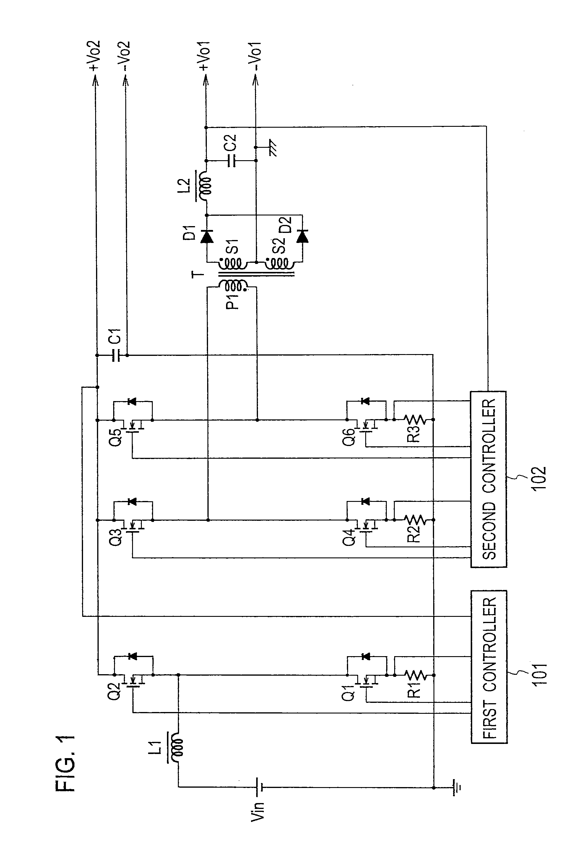 Inverter bridge switching power source utlizing a capacitor with transformer for multiple outputs