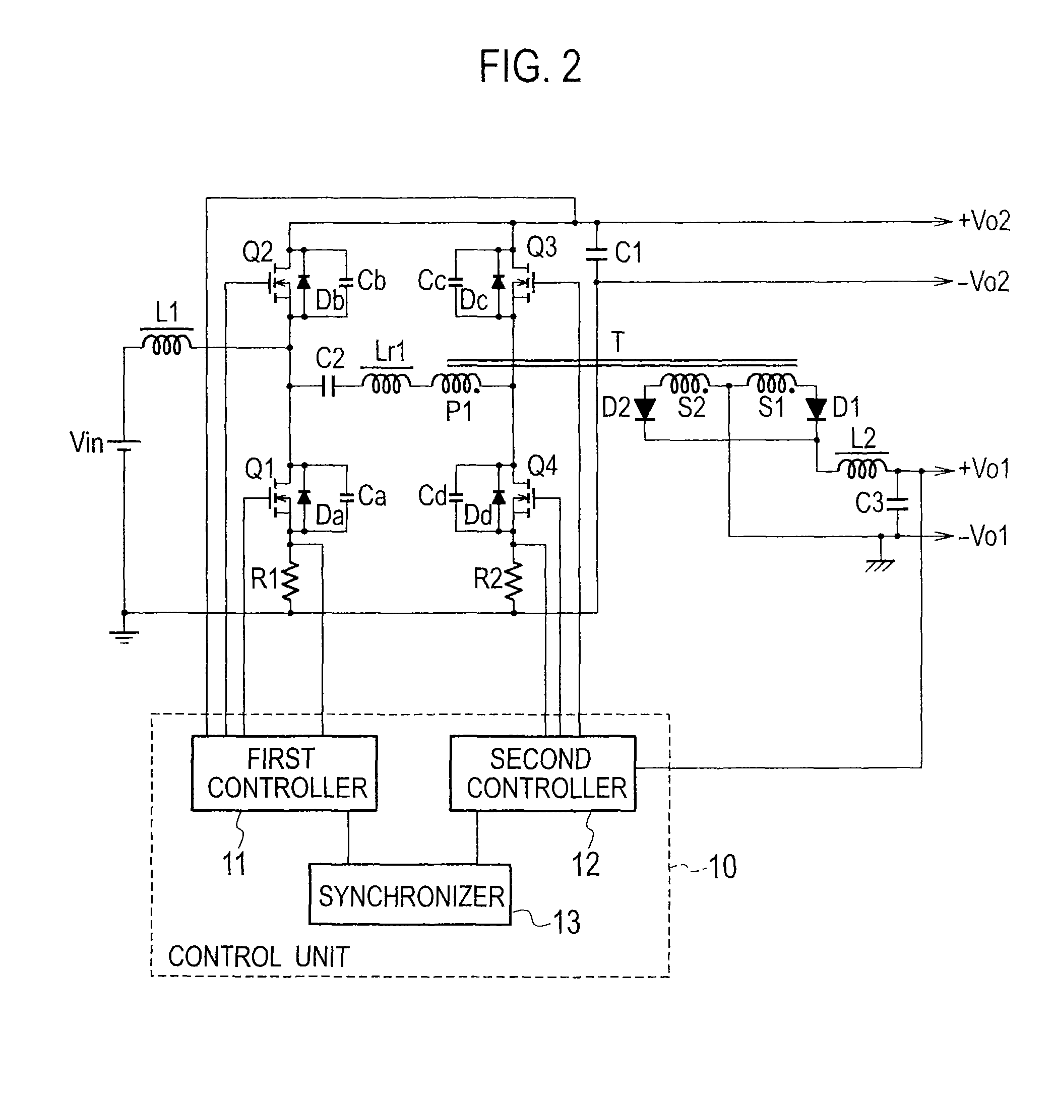 Inverter bridge switching power source utlizing a capacitor with transformer for multiple outputs