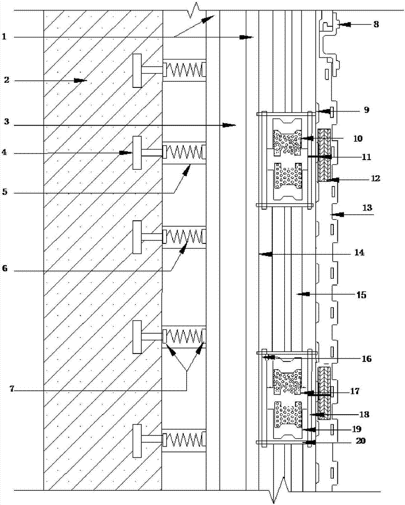 Cavity-type common vibration sound absorption board wall structure and construction method