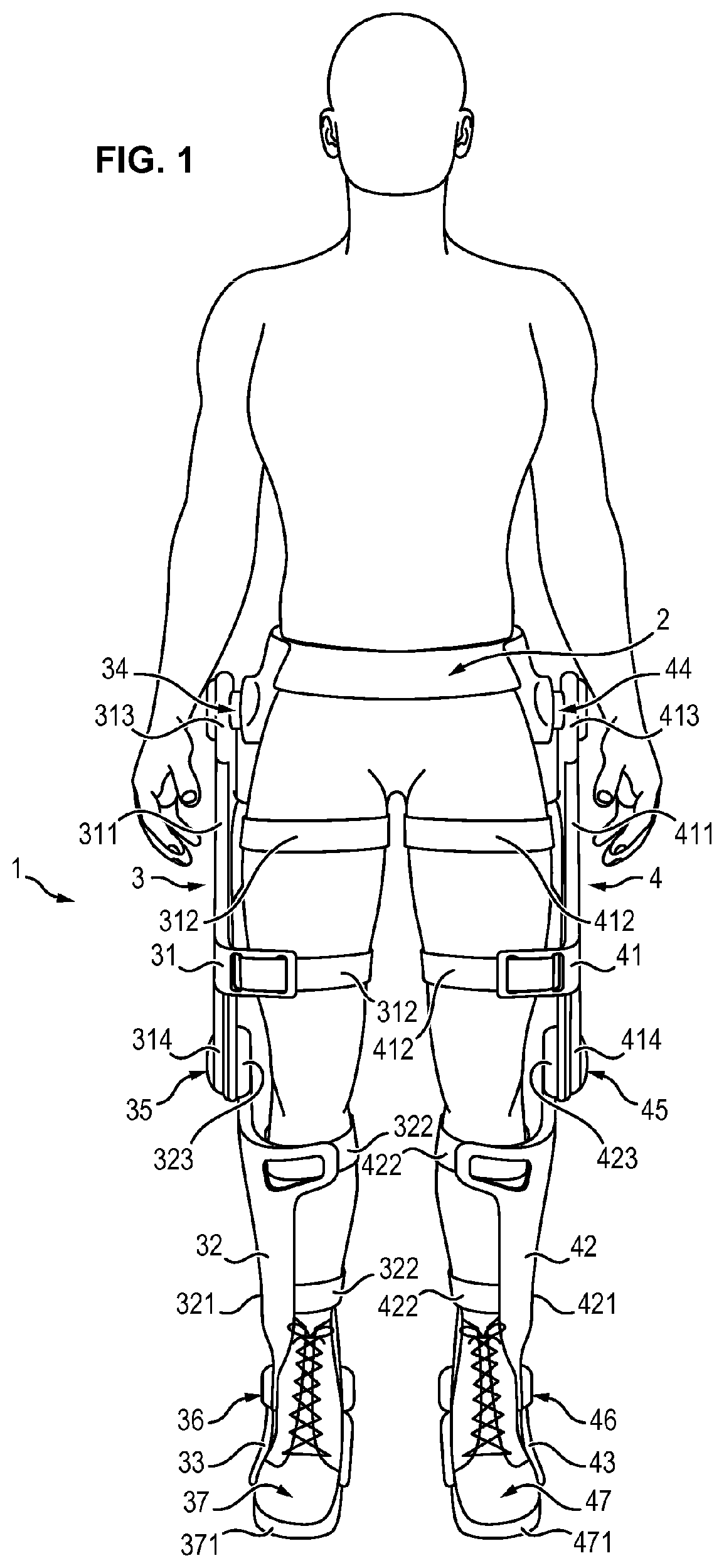 Linking device for an exoskeleton structure facilitating the carrying of loads while walking or running