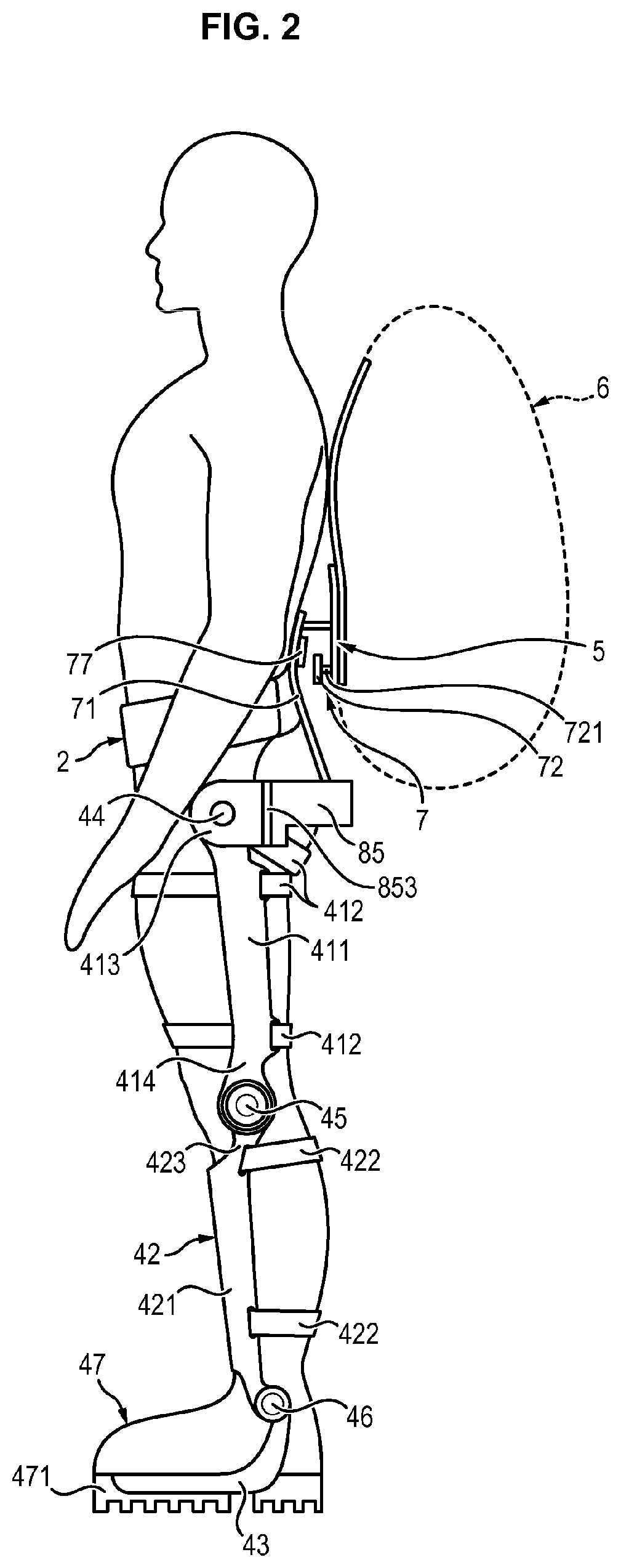 Linking device for an exoskeleton structure facilitating the carrying of loads while walking or running