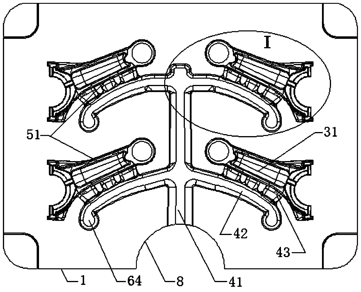 Die casting mold with connecting rod body cavity liquid inlet multi-flow channel structure