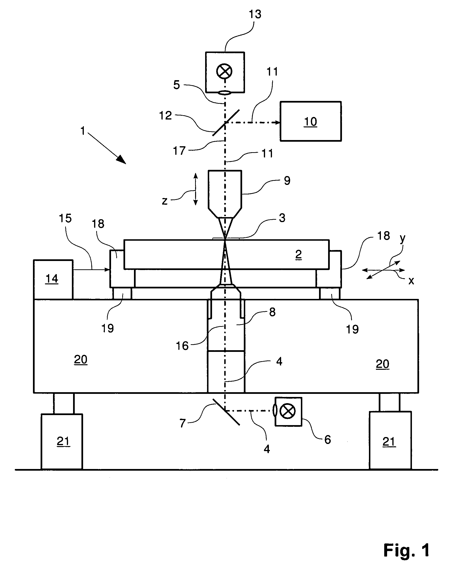 Measuring device and method for determining relative positions of a positioning stage configured to be moveable in at least one direction