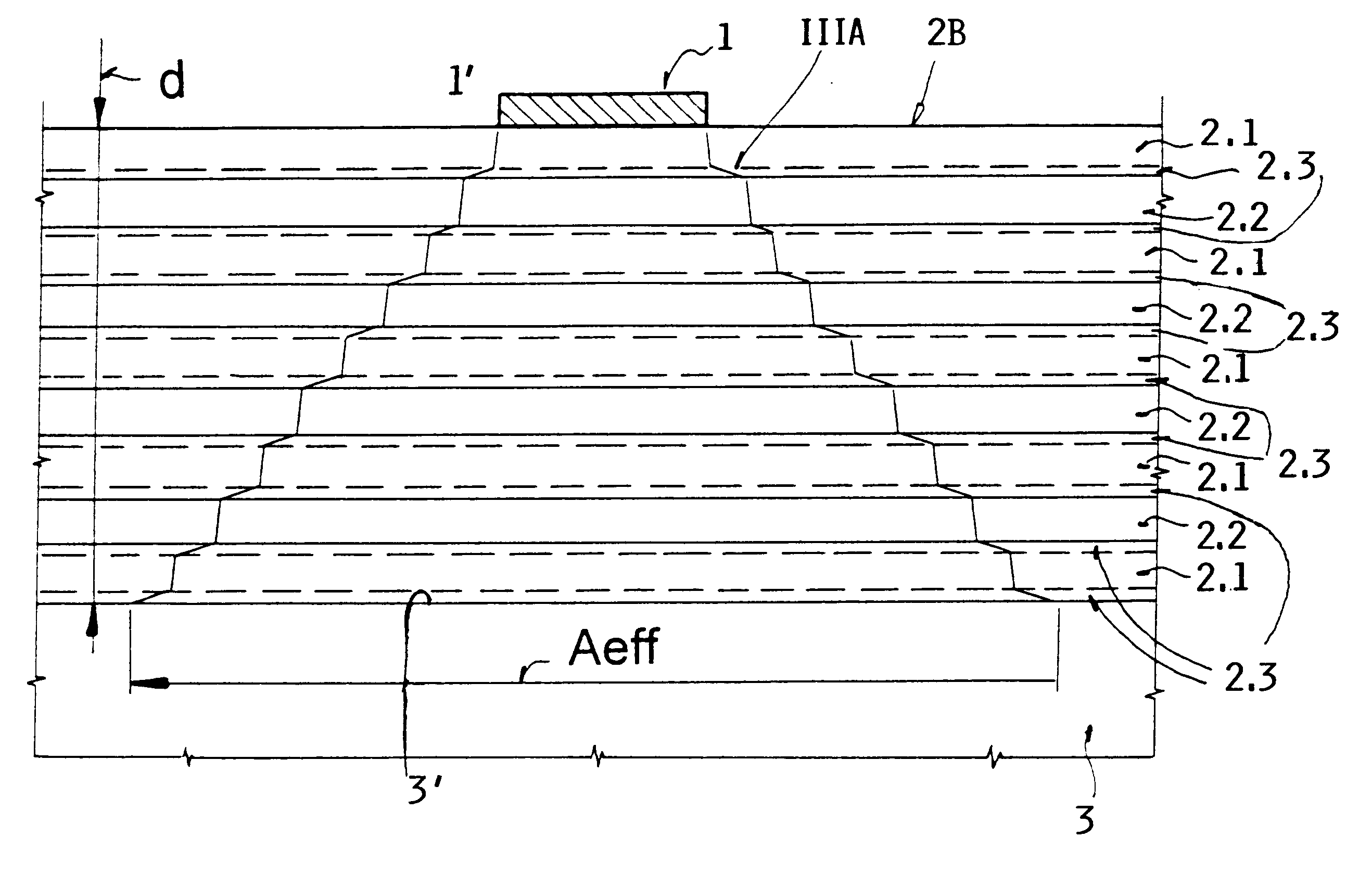 Layered semiconductor structure for lateral current spreading, and light emitting diode including such a current spreading structure