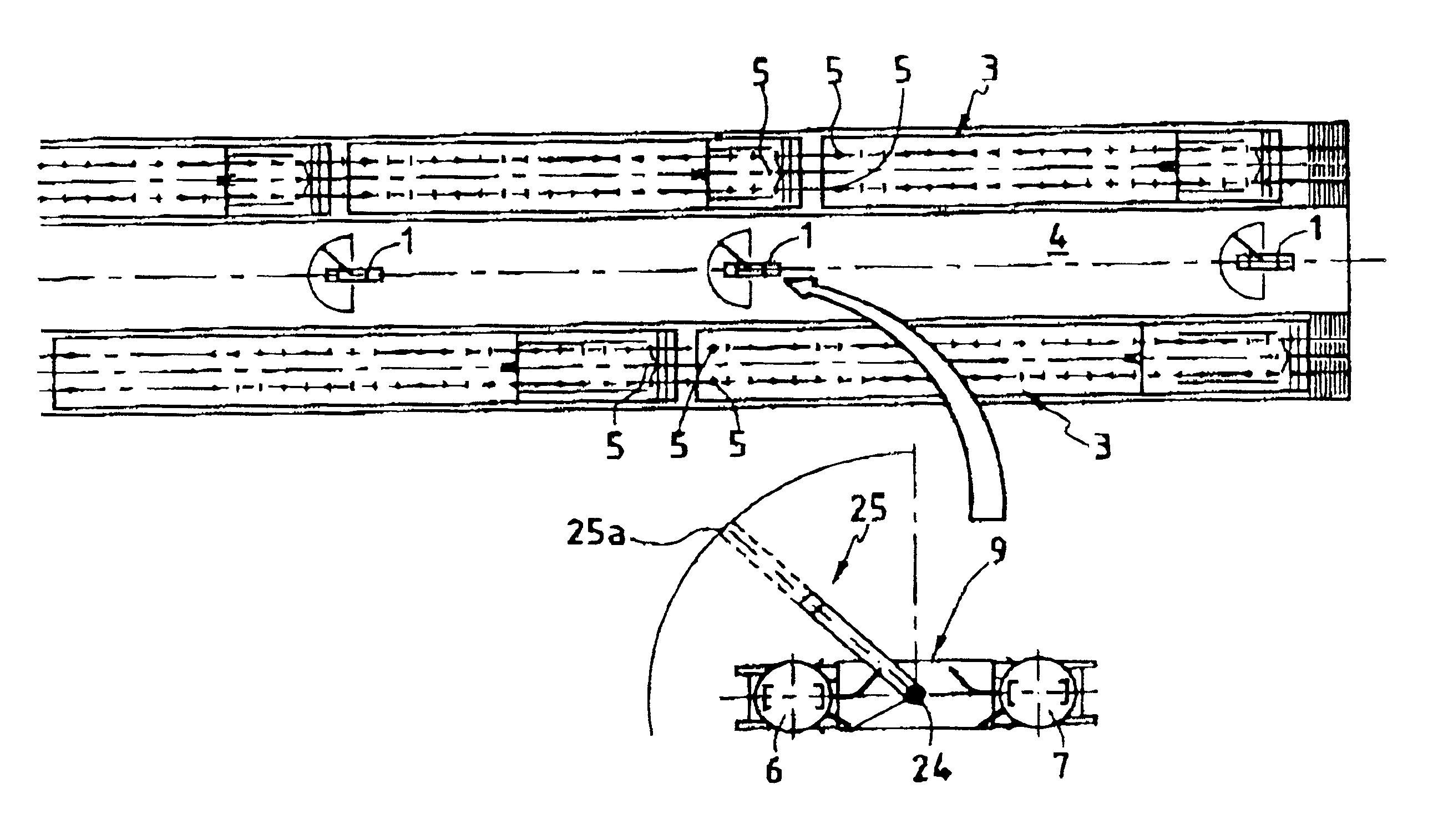 Granular material distributing apparatus comprising at least two transfer vessels that operate in alternation