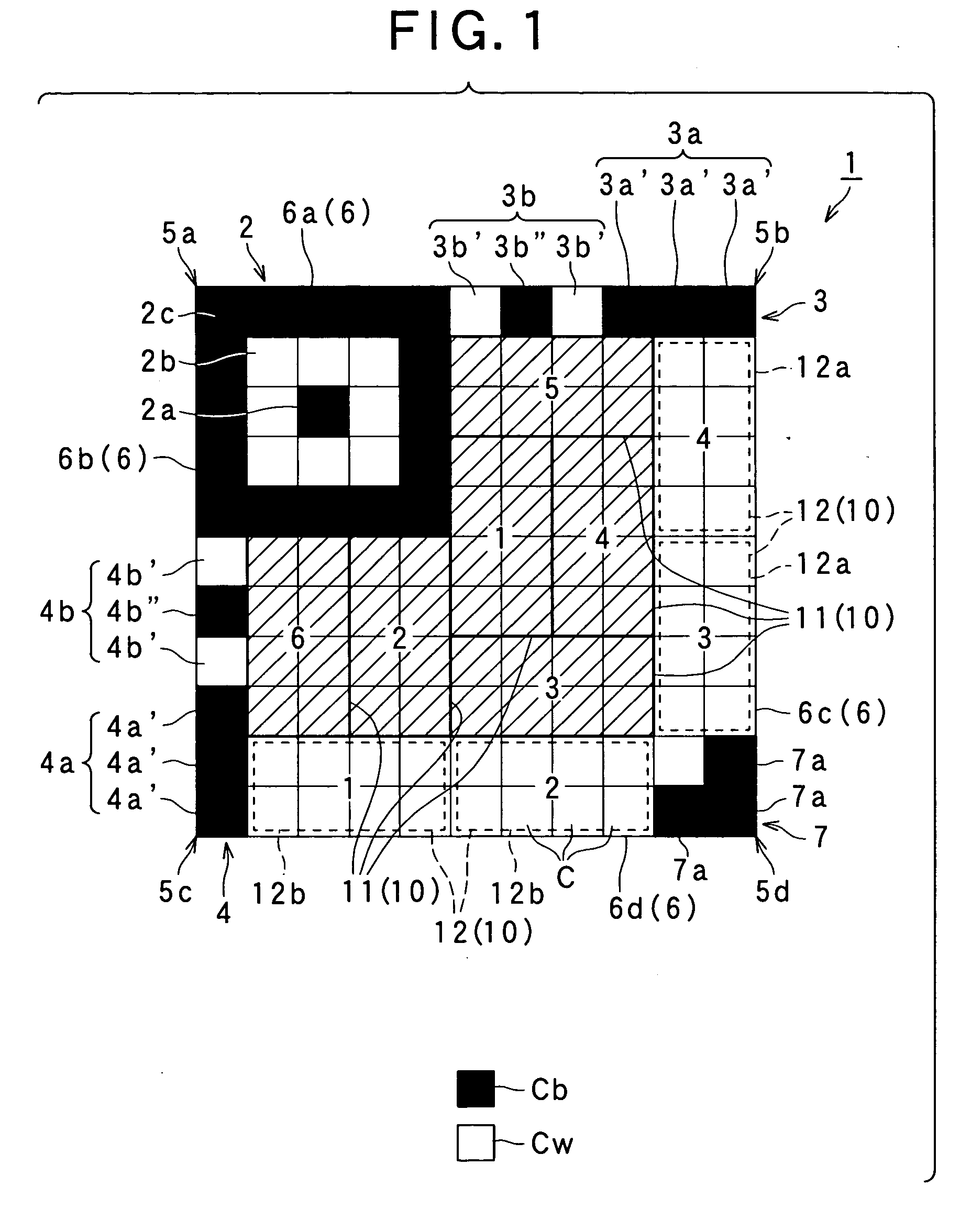 Two-dimensional code having rectangular region provided with specific patterns for specify cell positions and distinction from background