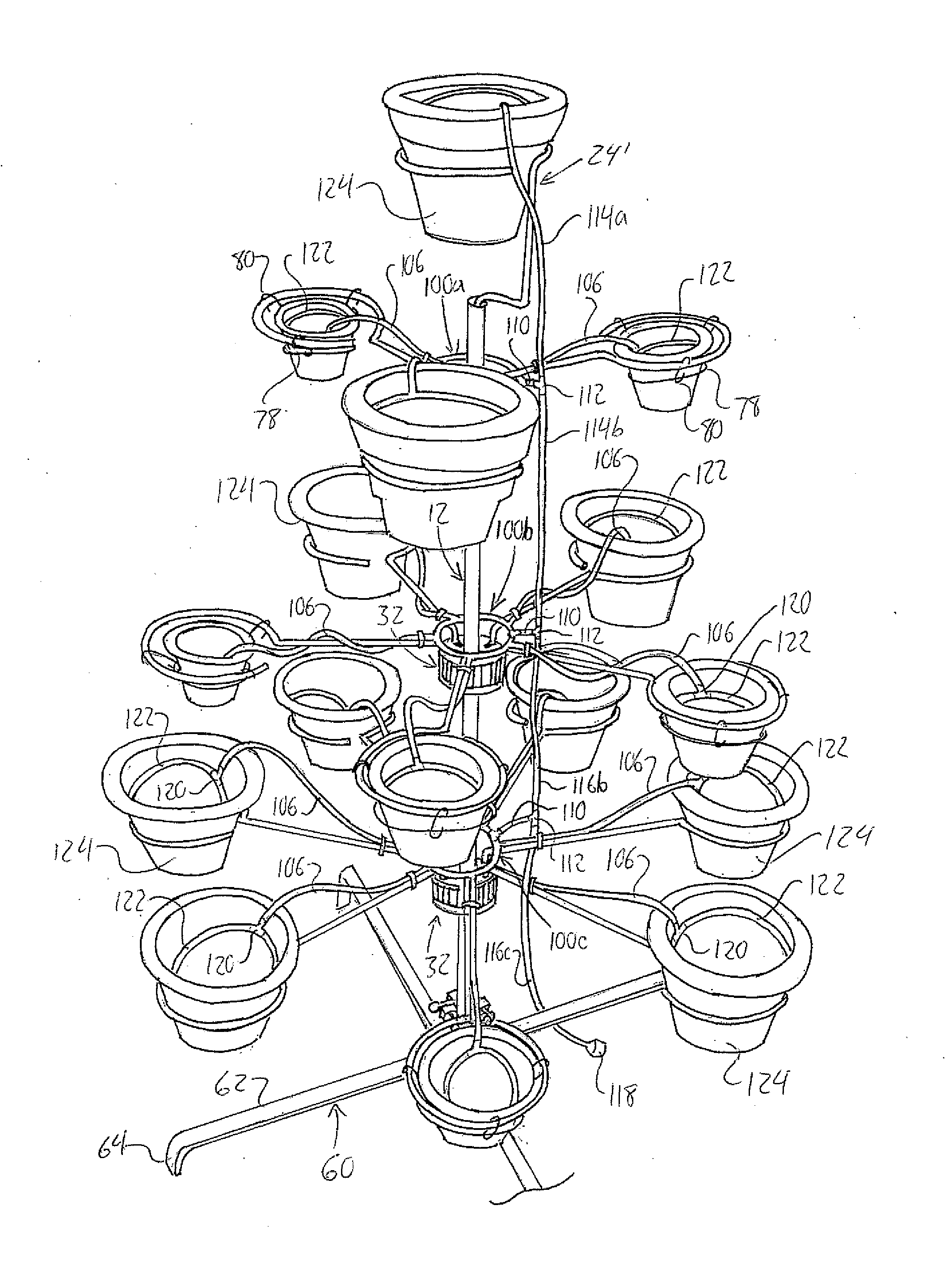 Tree-Style Potted Plant Holder and Hubs, Supports, Adapters and Watering System for Same