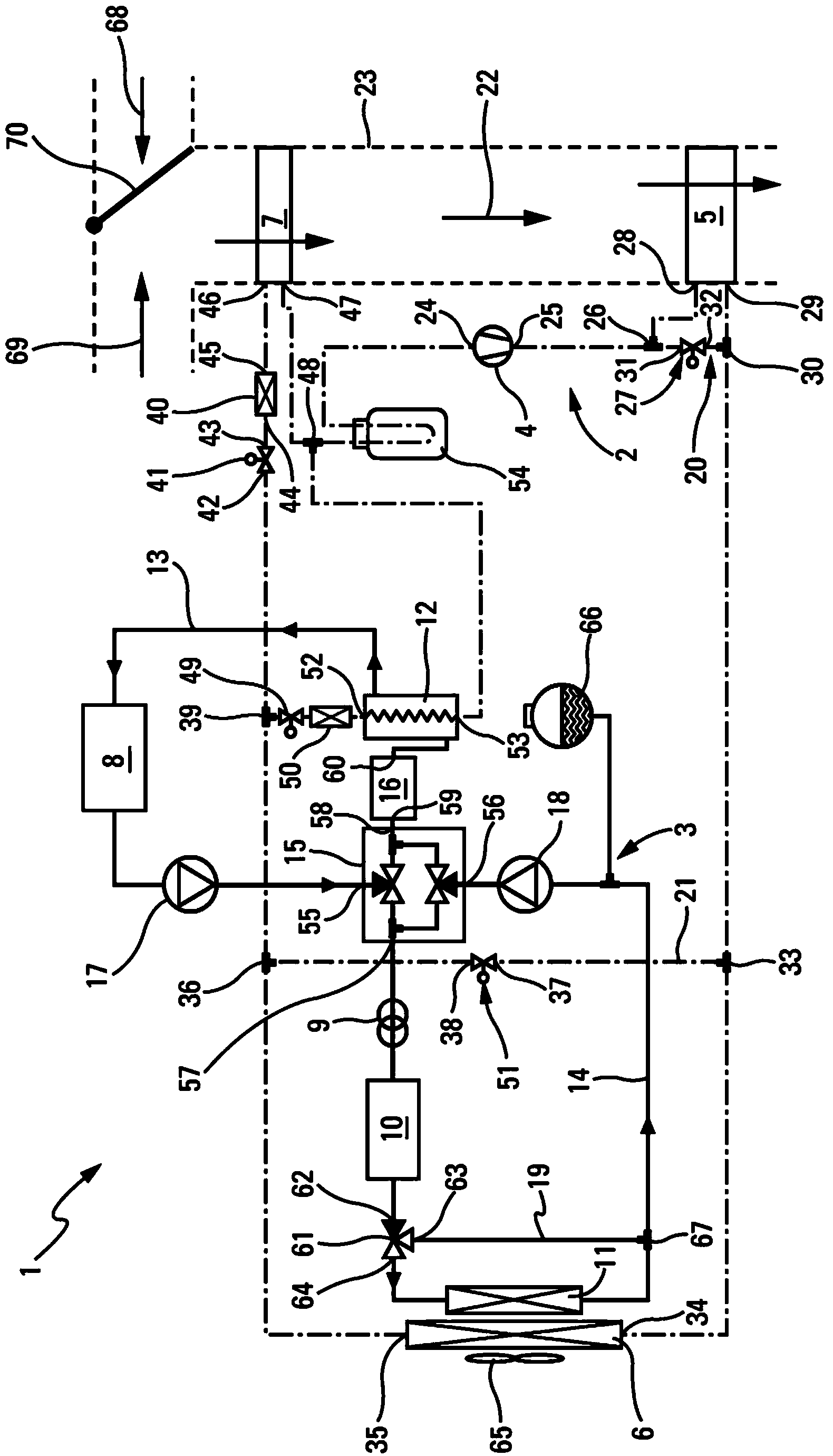 Device for air conditioning a drive train and a passenger compartment of a vehicle