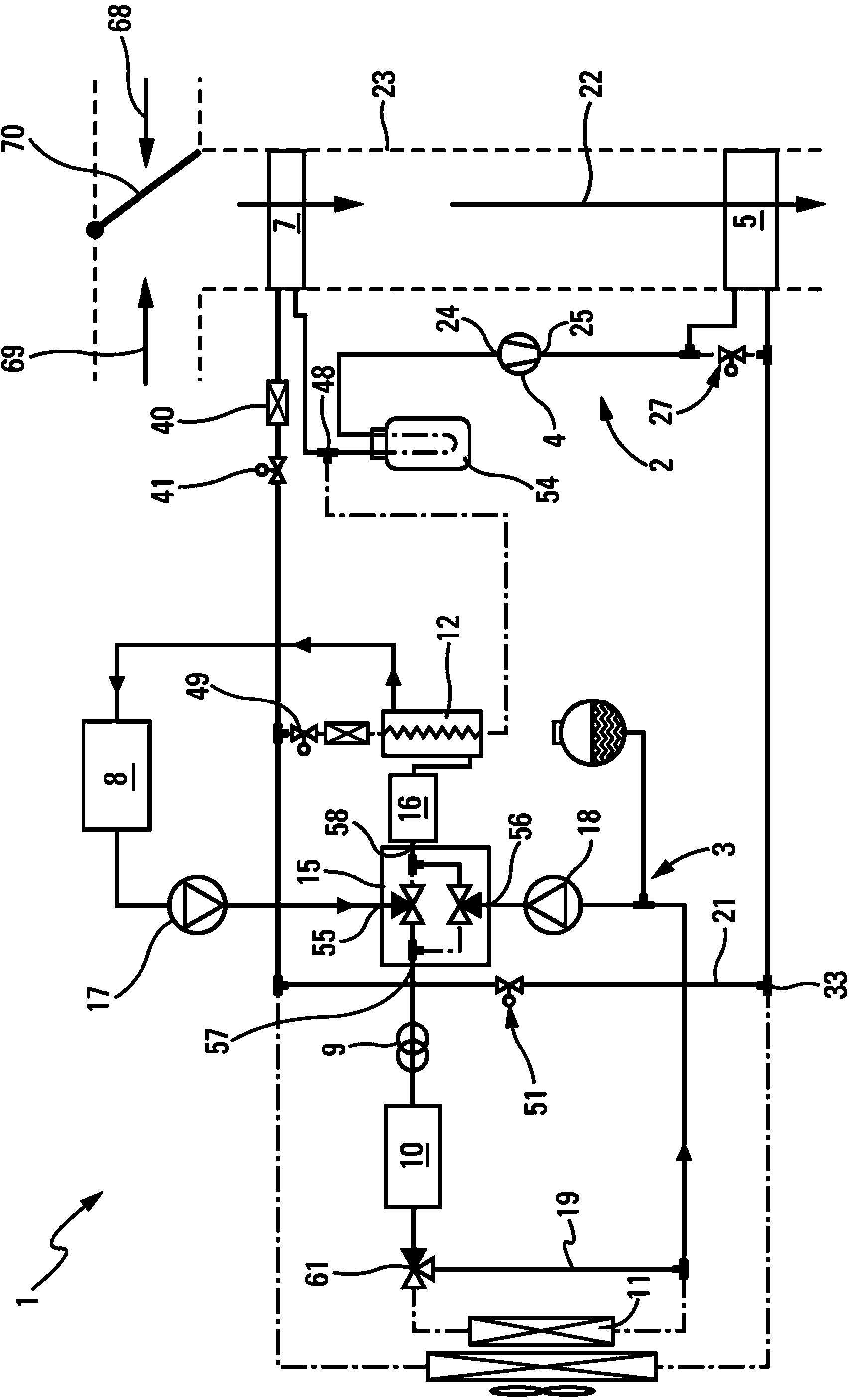 Device for air conditioning a drive train and a passenger compartment of a vehicle