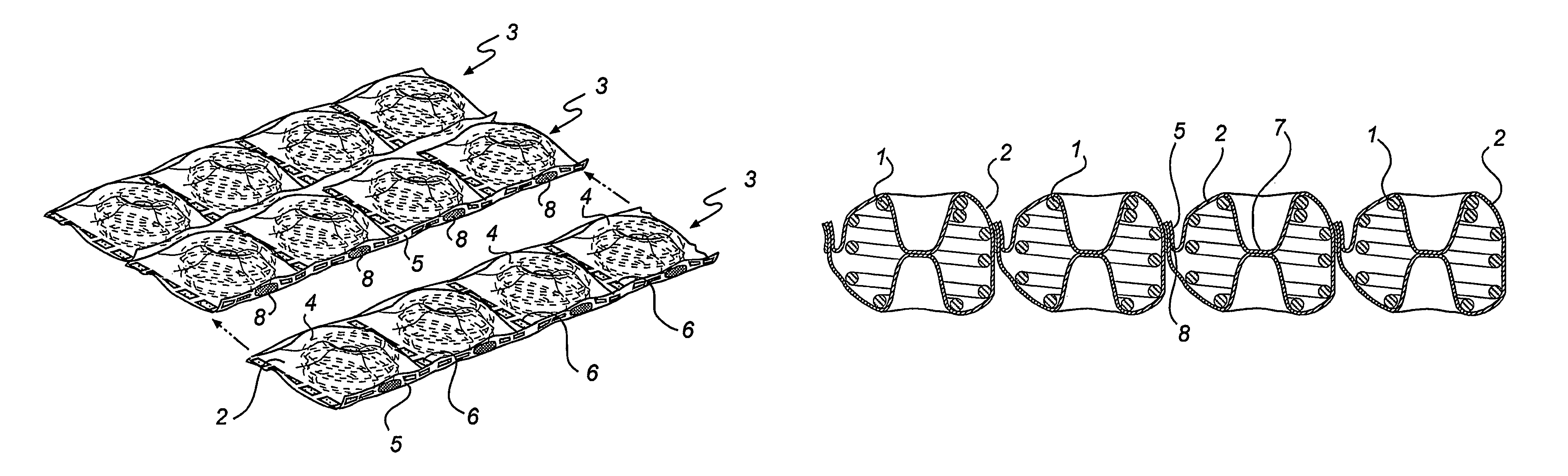 Thin pocket mattress, and method and device for its manufacturing