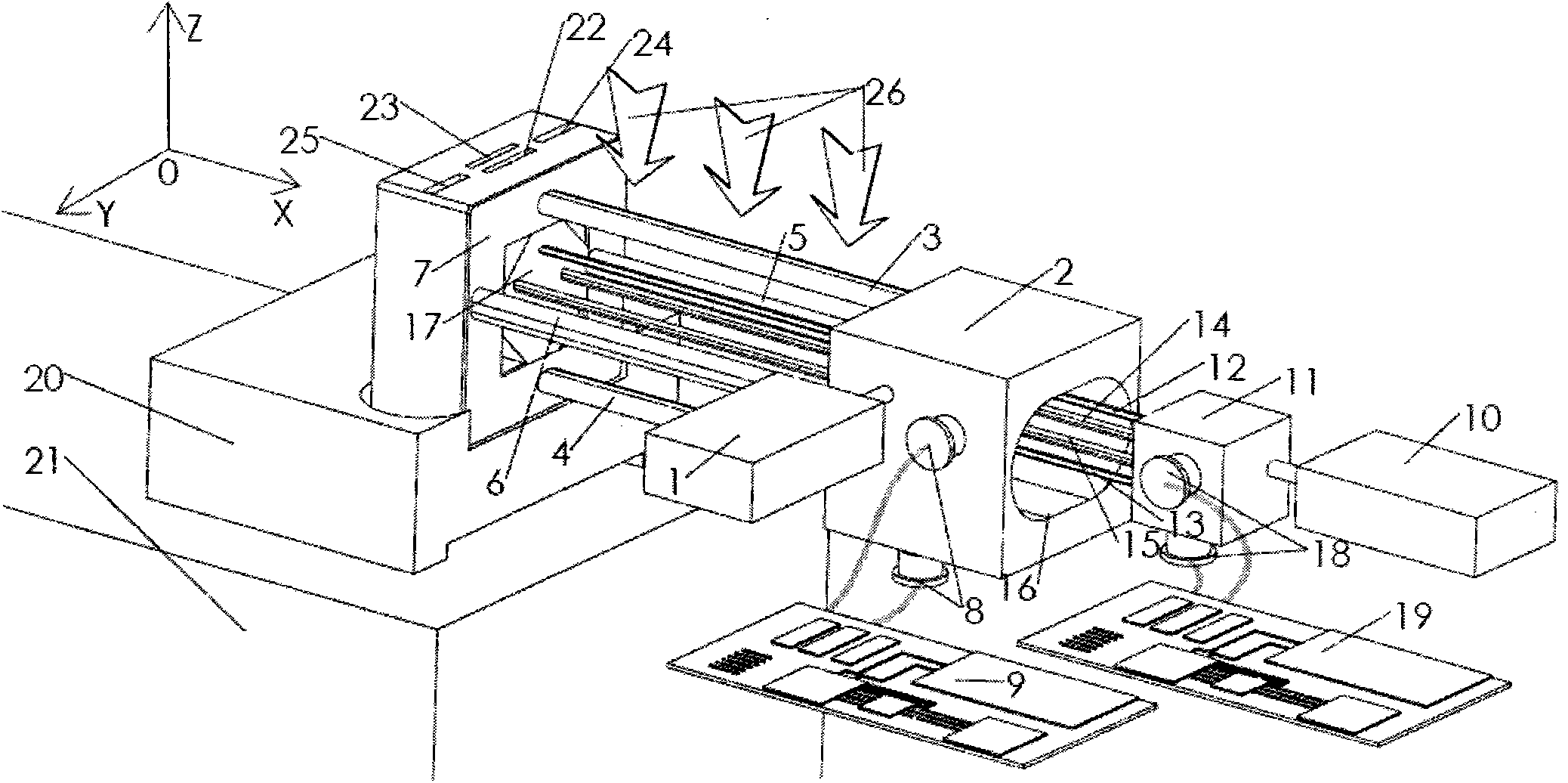 Four-optical axis compensation and air bath type angular displacement laser interferometer calibration method and device