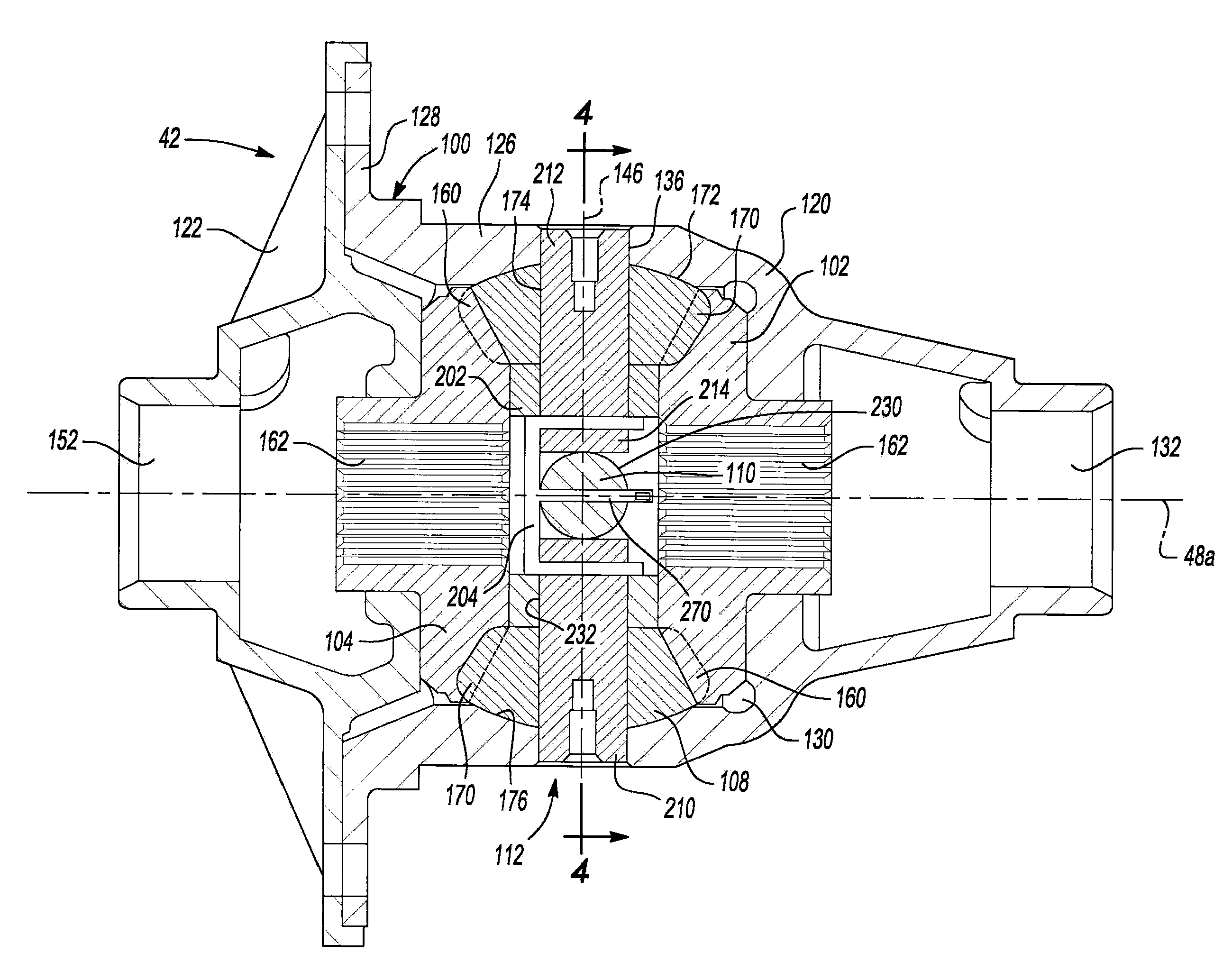Four pinion differential with cross pin retention unit and related method