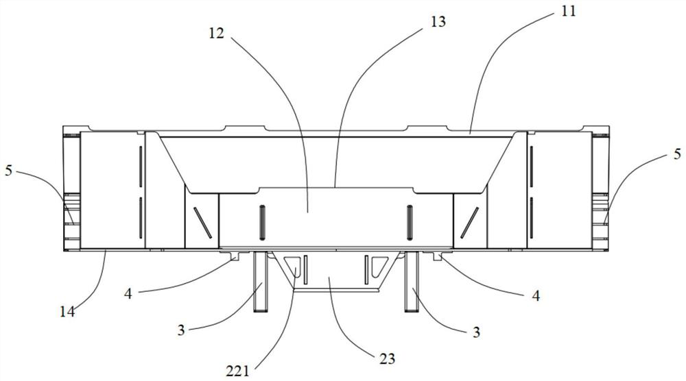 A low-floor tram car end beam and lower hinged mounting seat structure
