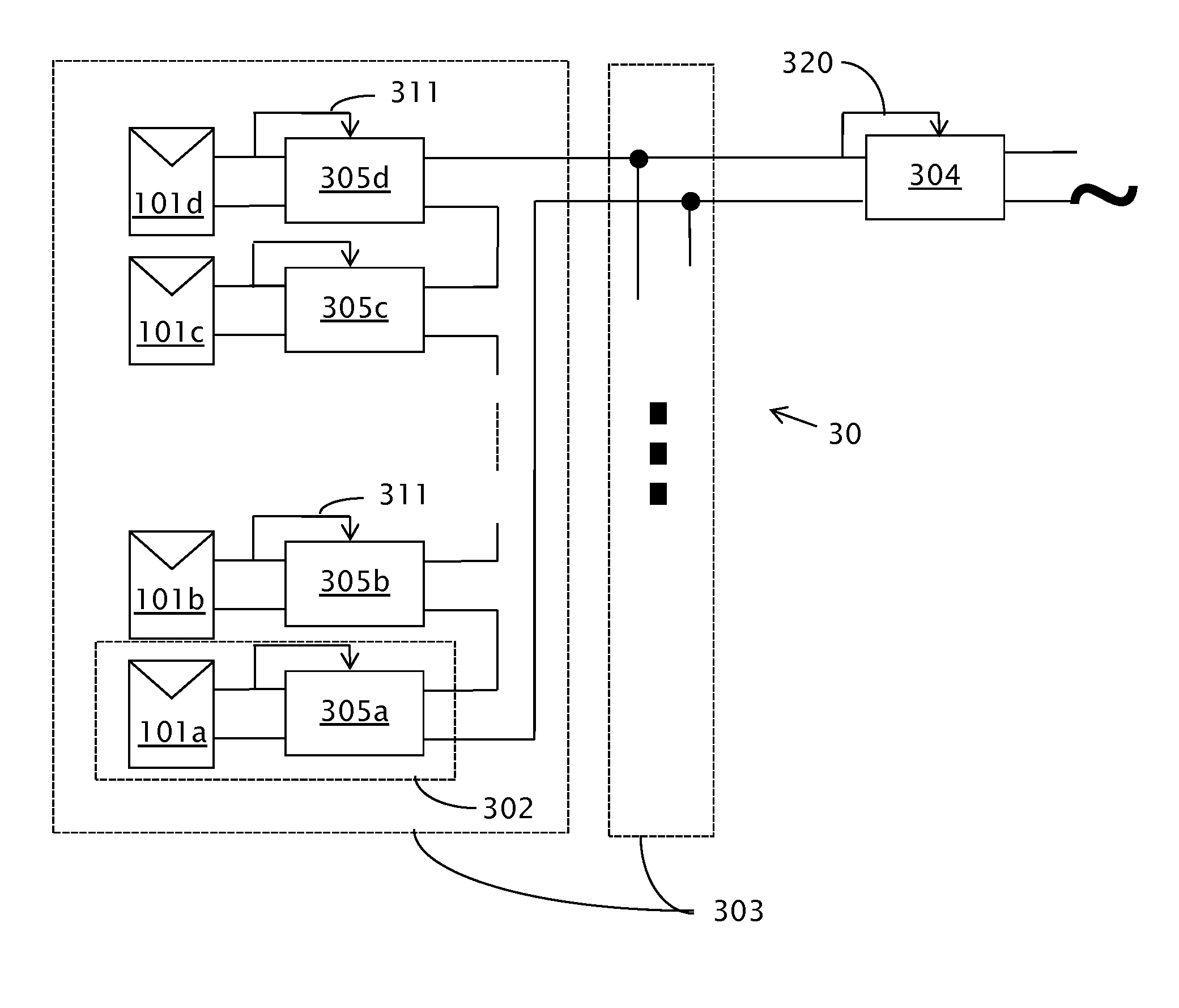Circuit for interconnected direct current power sources