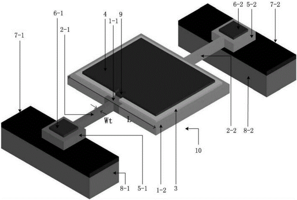 Piezoelectric resonator with two narrow support beams and high quality factor