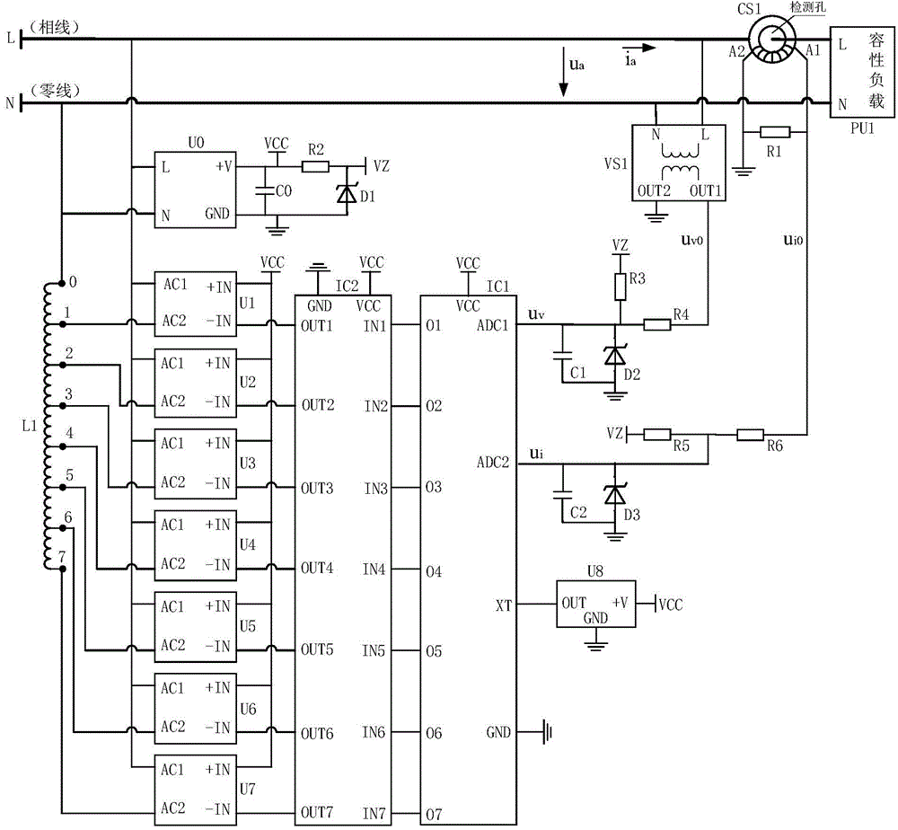 Multi-tap electric reactor-based capacitive load power factor compensation circuit