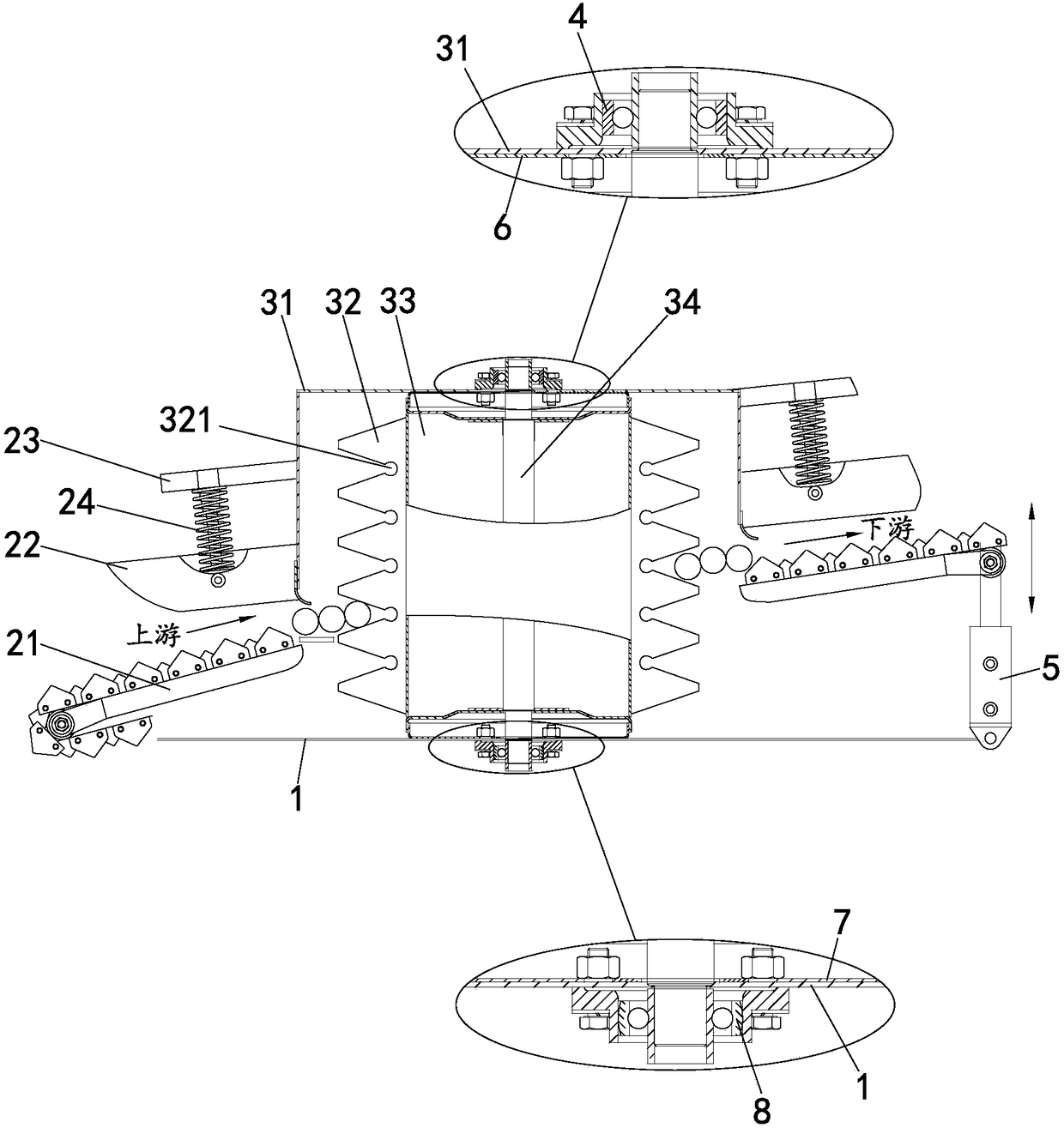 A half-feed grain threshing device