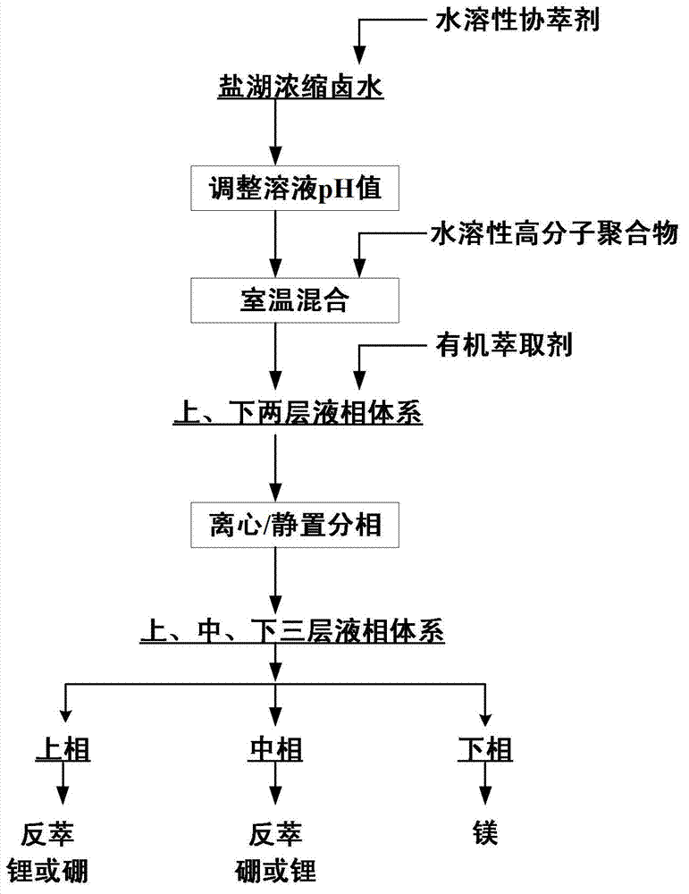 Method for preenriching and separating lithium and boron from salt lake brine by liquid-liquid-liquid three-phase extraction