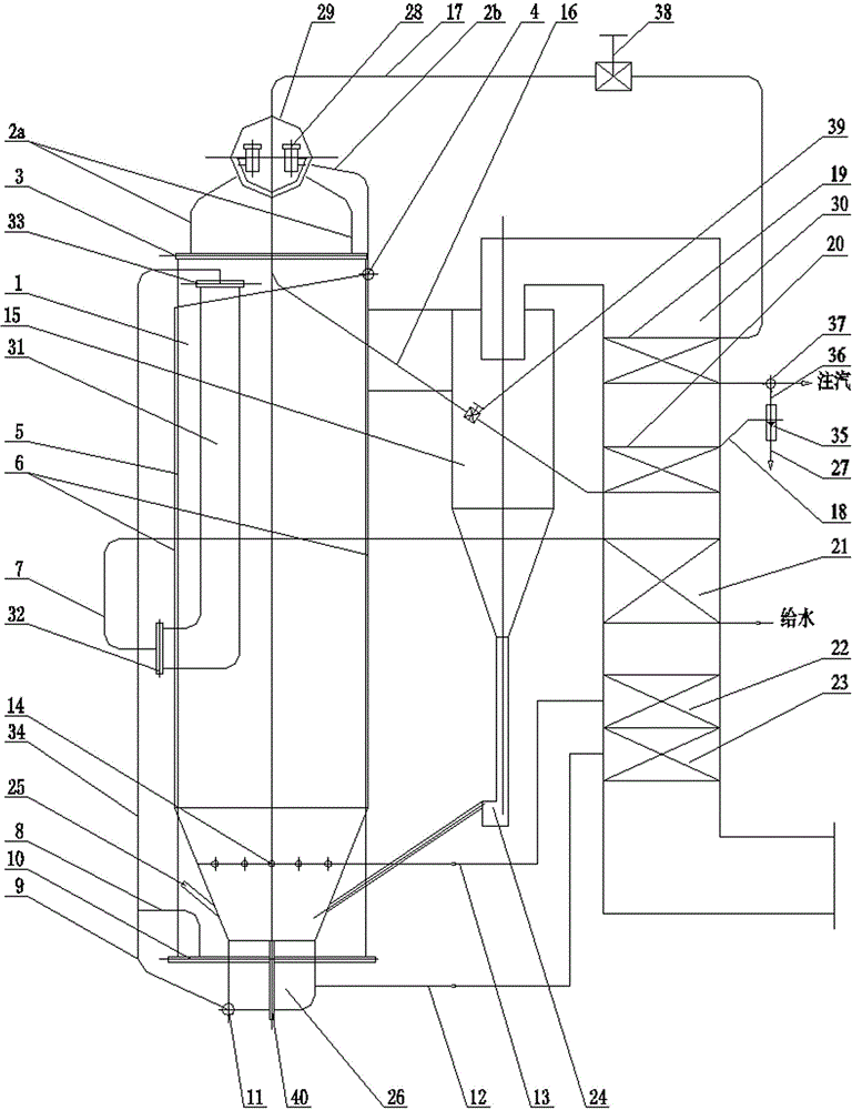 Dual-direct-current circulating fluidized bed steam-injection boiler with vertical evaporating pipes inside