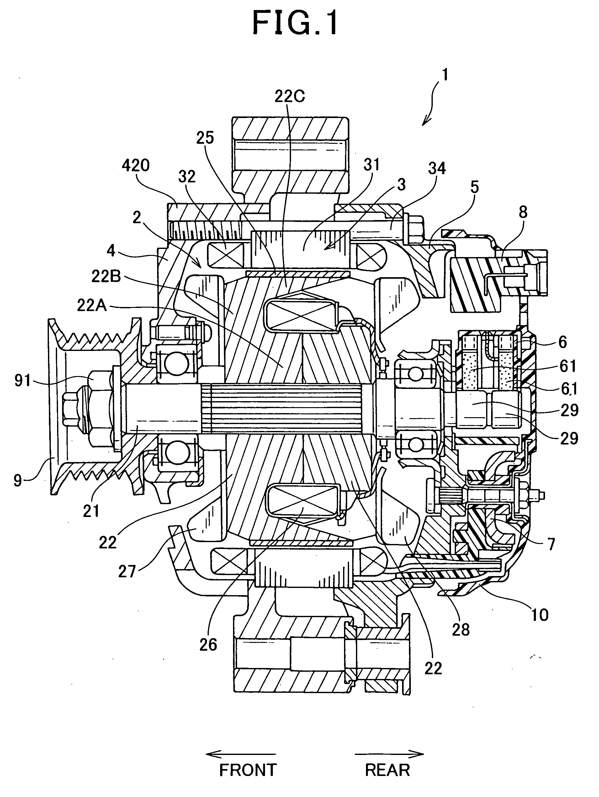 Automotive alternator including annular core having protrusions and recesses alternately formed on its outer surface