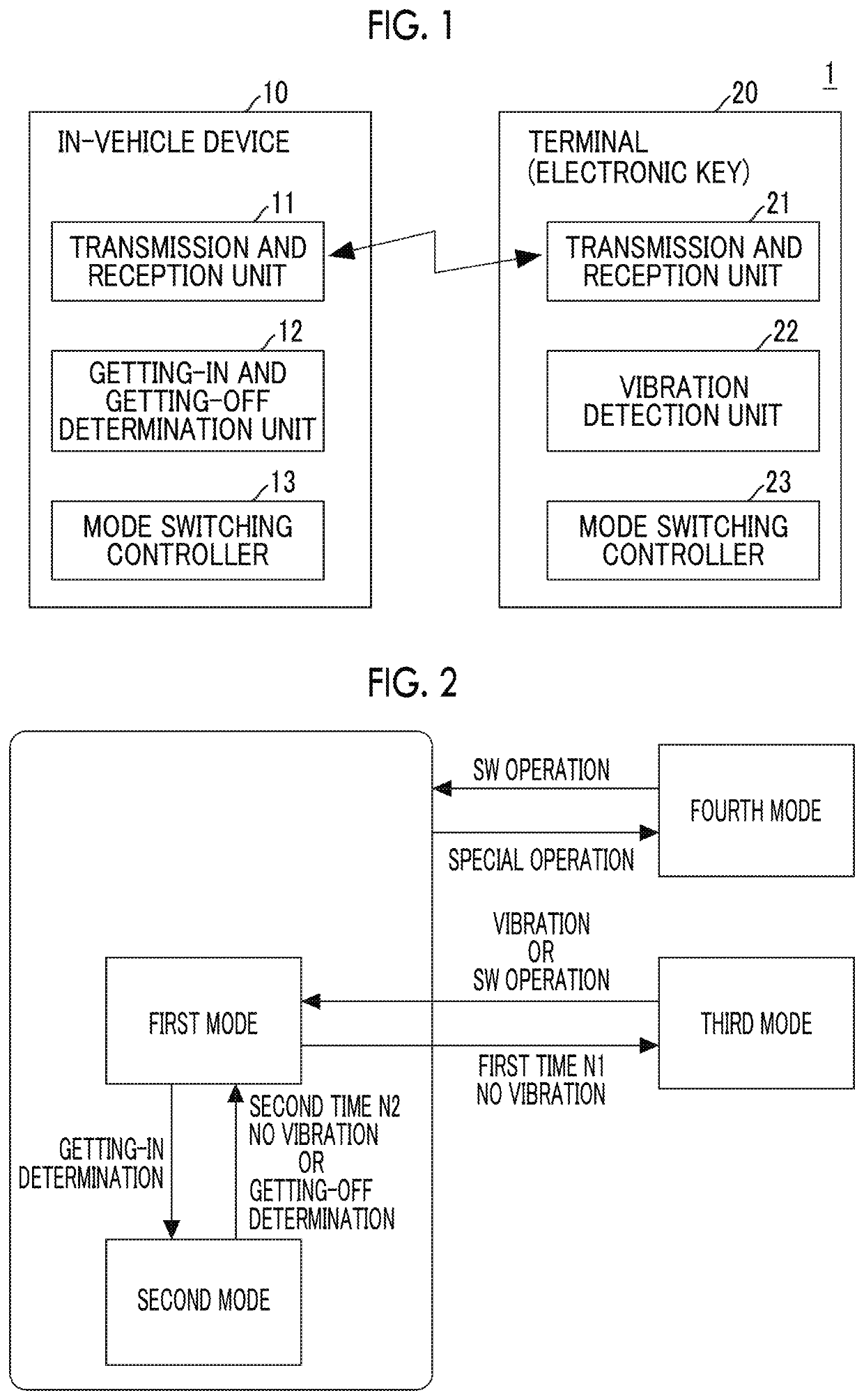 Terminal, vehicle control system, and vehicle control method for switching an operation mode of the terminal based on detected vibration