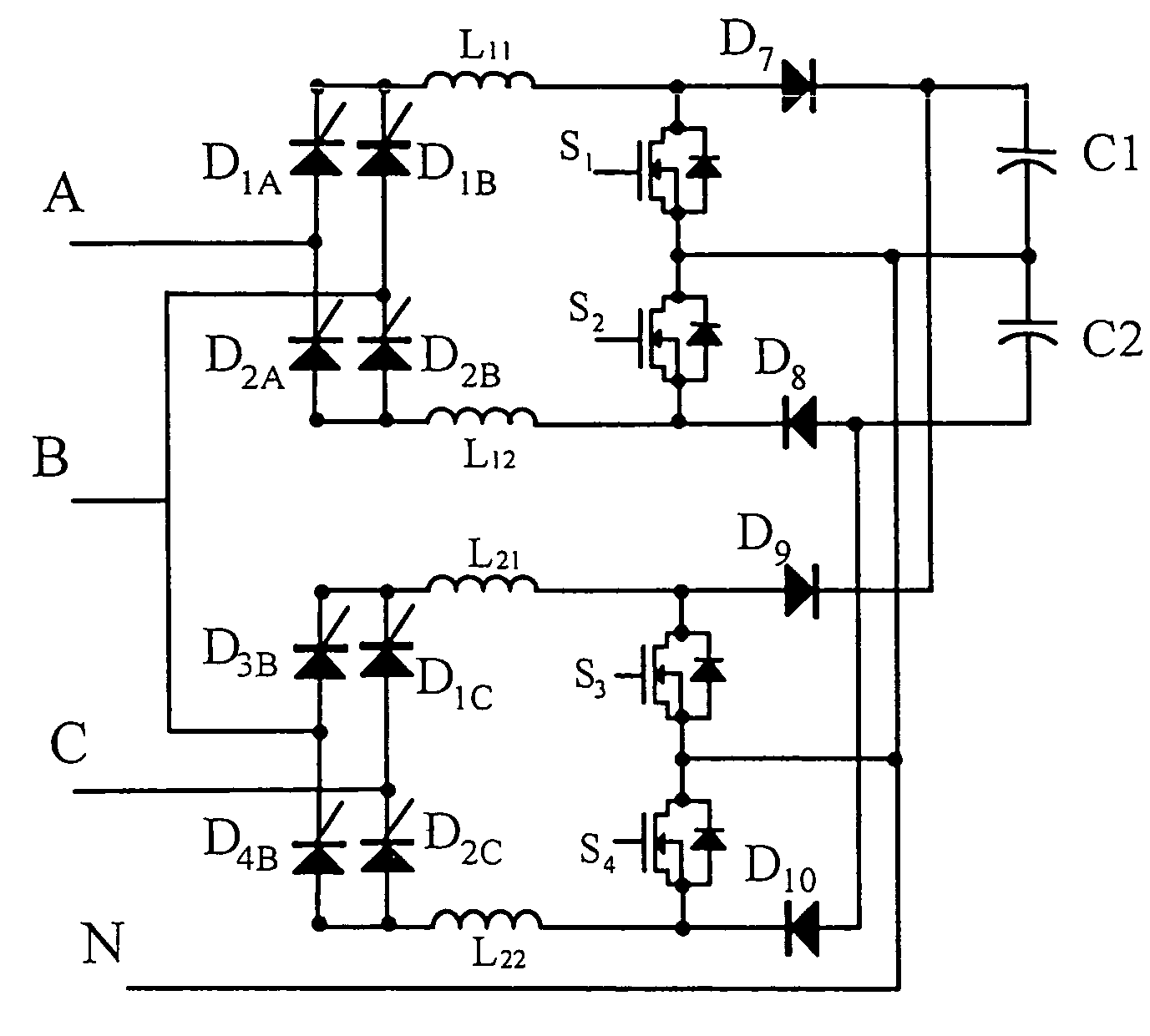 Integrated converter having three-phase power factor correction