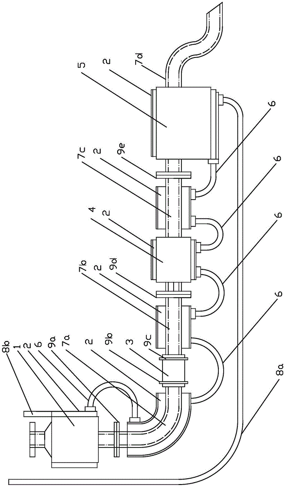Heat conduction effect and heat radiation effect combining type cascading automobile exhaust heat exchange device
