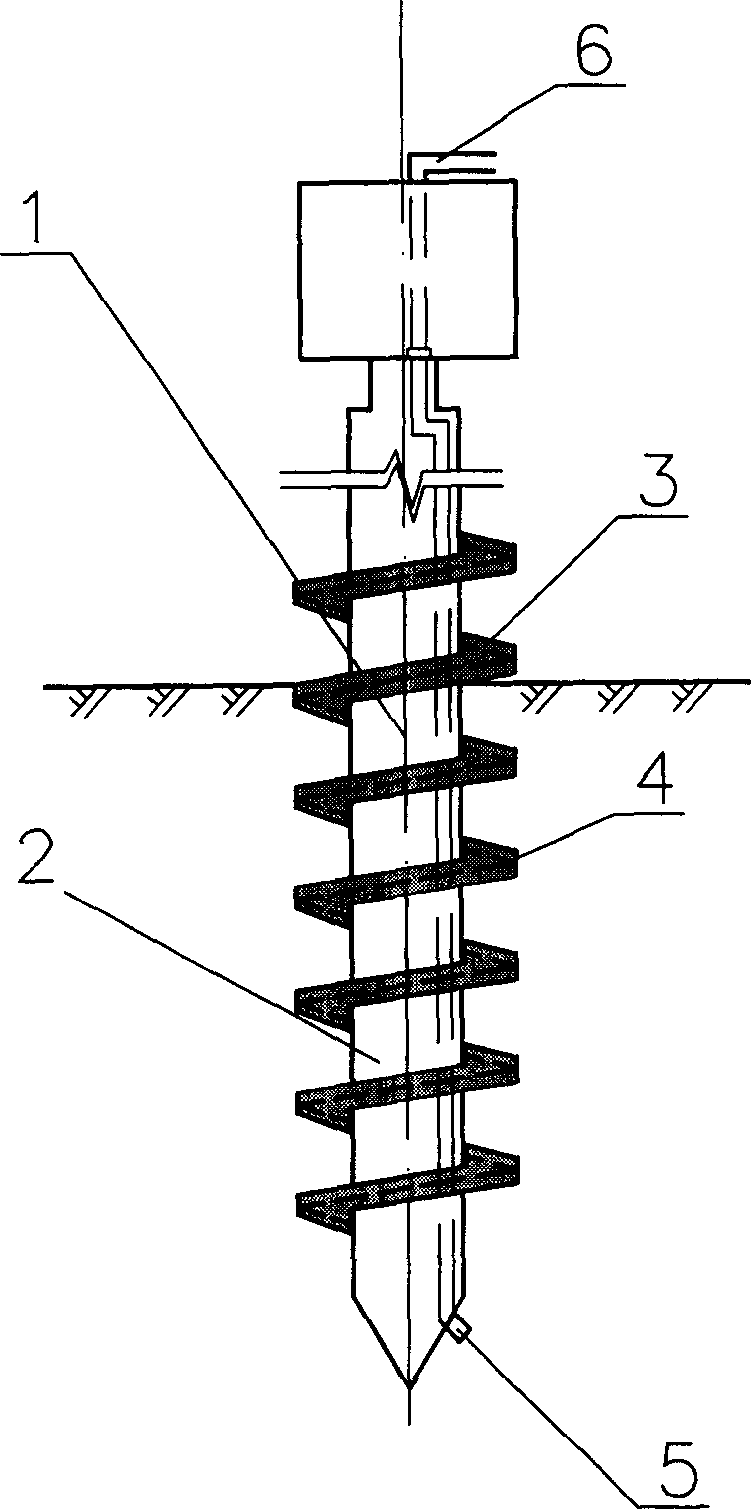 Grouted screw pile ,construction method therefor and grouting arrangement employing same