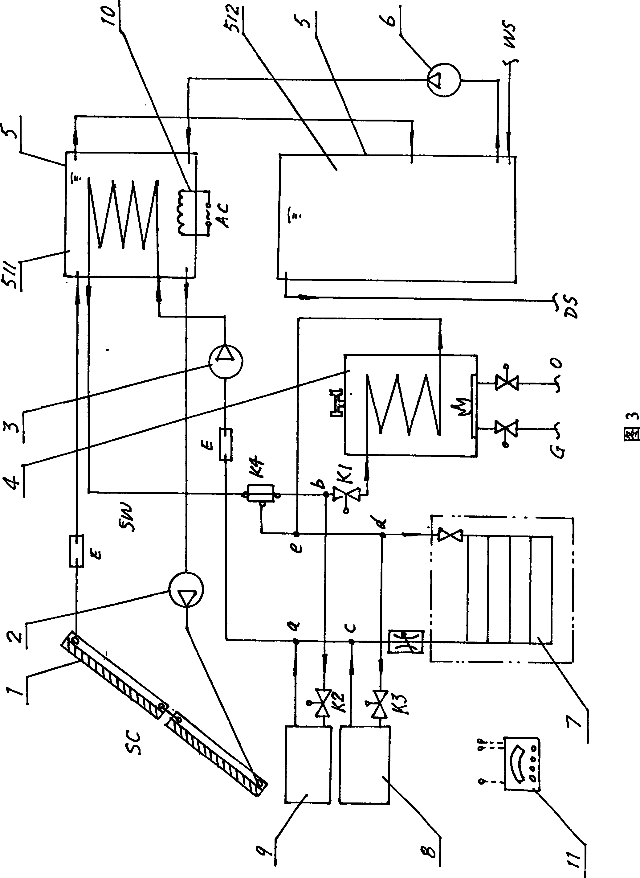 Solar water-heating and air-conditioning heating system employing gas or oil to aid heating