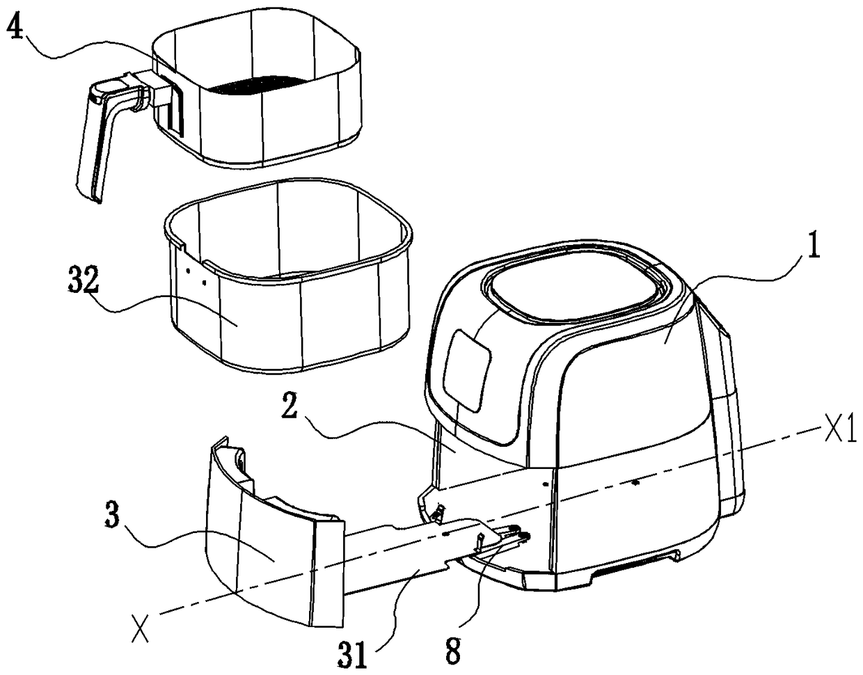 Device making food by hot air and having drawer structure