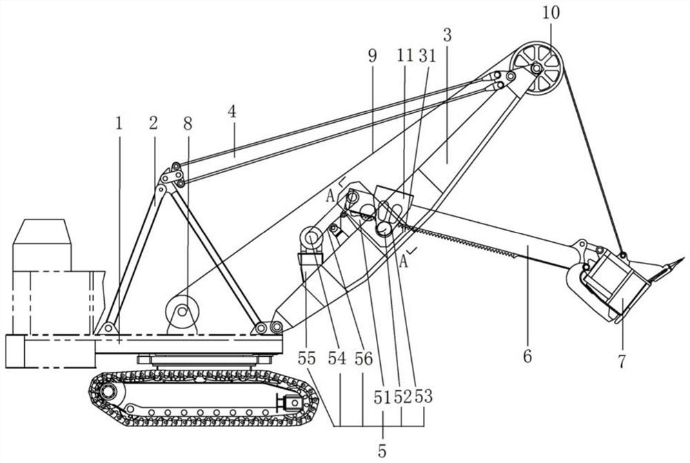 Mining excavator working mechanism and mining excavator