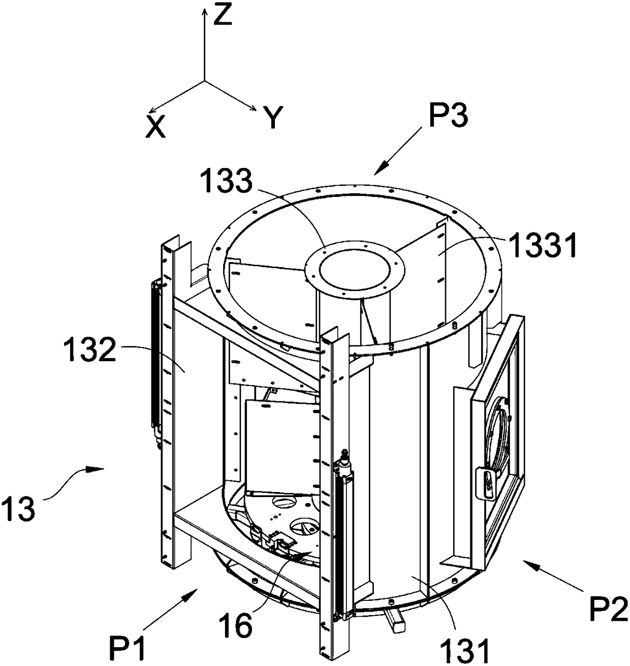 Containing barrel used for three-station rotary table type spraying washing machine