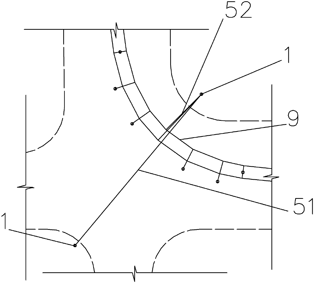 Small curve radius flexible positioning structure of catenary of tramcar and construction method of small curve radius flexible positioning structure